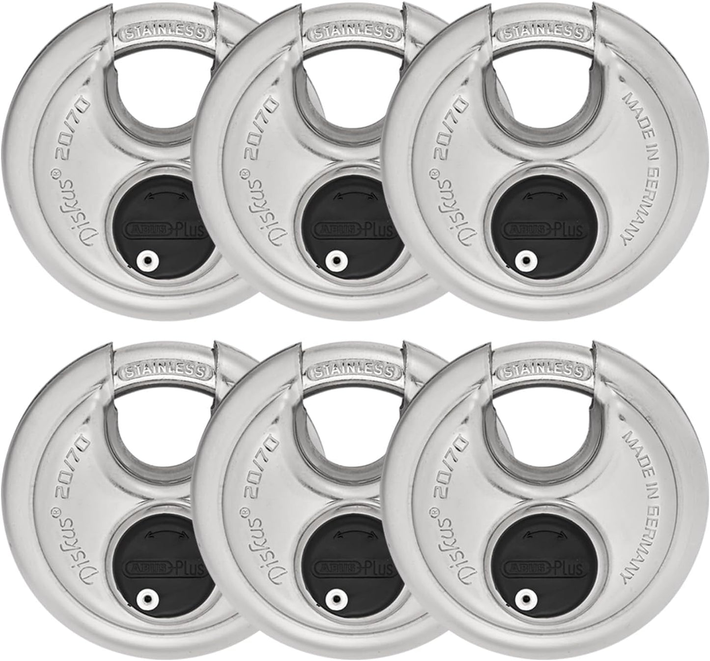 6 Pack ABUS Diskus 20/70 Heavy Duty Stainless Steel Disk Padlock - Rustproof Storage Lock with 3/8" Shackle - Made in Germany - Keyed Different