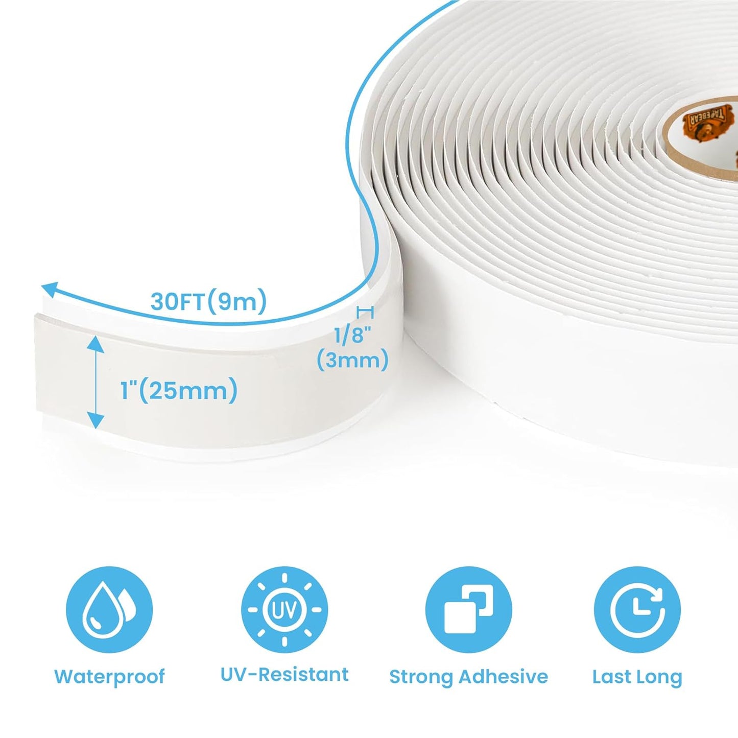 Butyl Tape 1 Inch x 30 Ft White, 1/8 in Thick Plumbers Putty Tape RV Sealant Window Sealing Leak Proof Double Sided Butyl Caulking for Boat Sealing, EDPM, Automotive, Camper