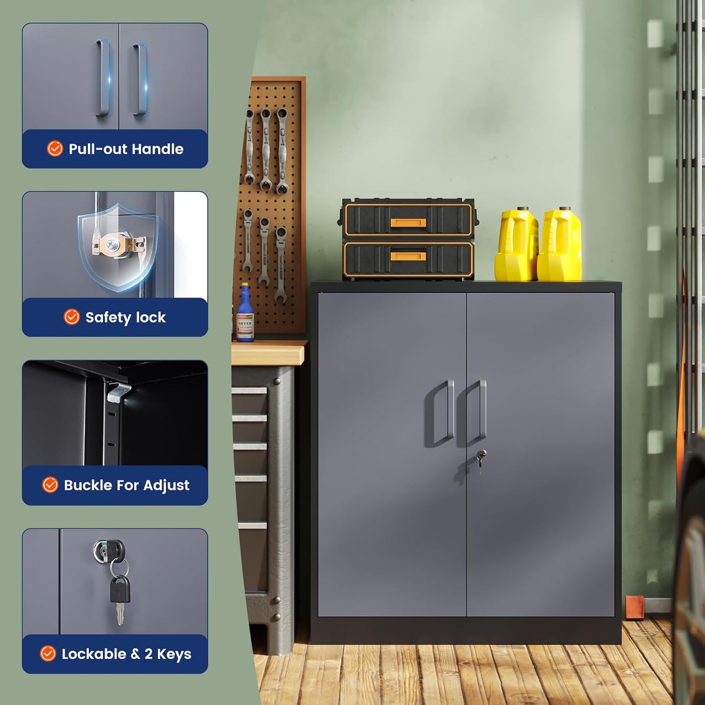 Yizosh Metal Garage Storage Cabinet with 2 Doors and 2 Adjustable Shelves - 35.5" Steel Lockable File Cabinet for Home Office,Garage,Gym,School(Gray Black)