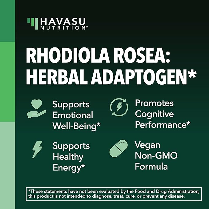 Rhodiola Rosea Supplement - Herbal Adaptogen for Mental and Physical Performance Support (3% Salidrosides, 3% Rosavins Extract) - 60 Count - Vegan, Non-GMO, and Gluten-Free Capsules - 2 Month Supply