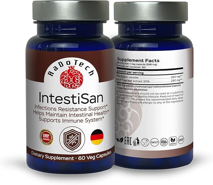 IntestiSan, Olive Leaf Extract with PAU D’Arco, Immune Support Supplement for Intestinal Health and Resilience, Natural Immune Support Formula for Total Wellness, GMP (60 Count (Pack of 1))