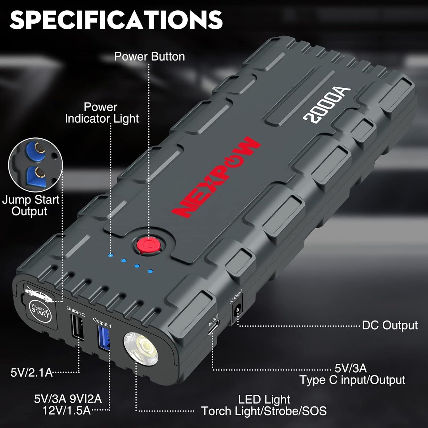 NEXPOW 2000A Peak Car Battery Jump Starter with USB Quick Charge 3.0 (Up to 7.0L Gas or 6.5L Diesel Engine), 12V Portable Battery Starter, Battery Booster with Built-in LED Light