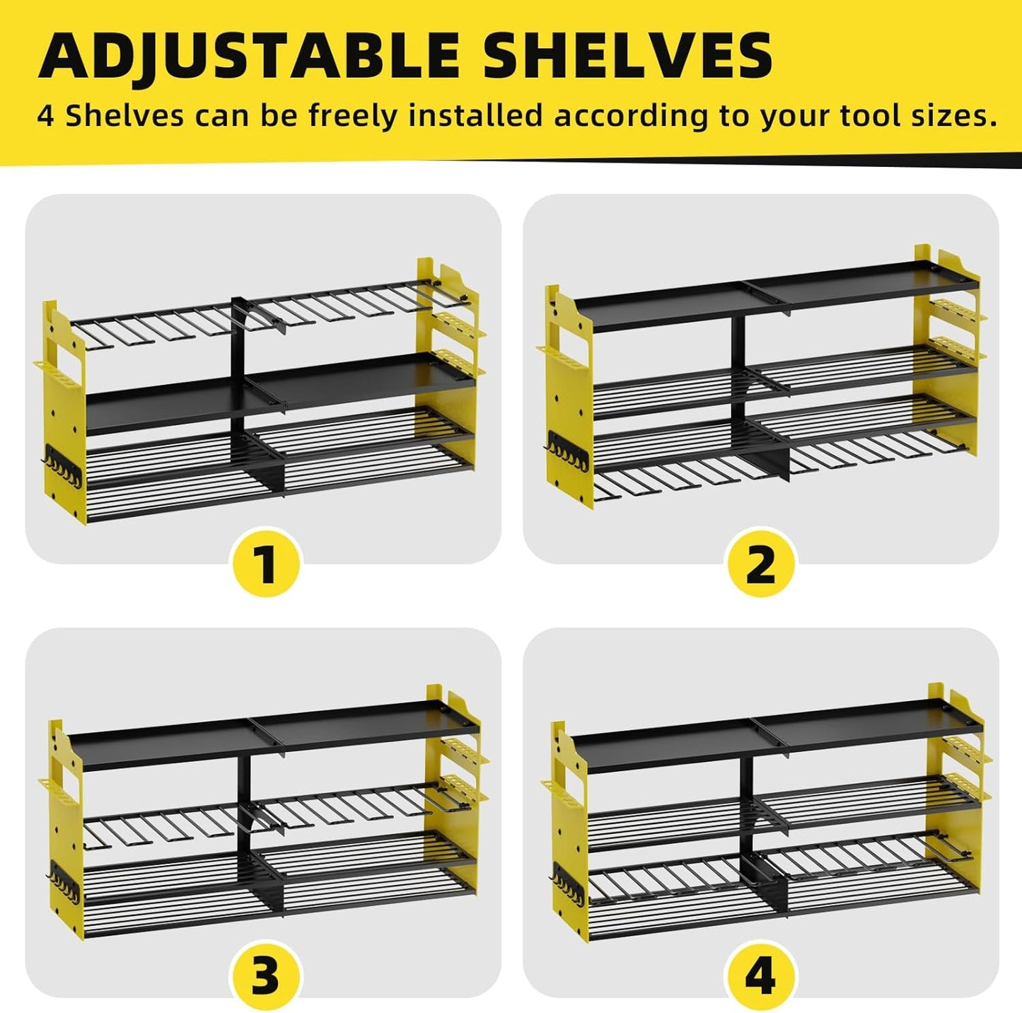 Power Tool Organizer Wall Mount with 8-Drill Holders-600Lbs Load Heavy Duty Metal 4-Layers Garage Storage and Organization Adjustable Battery Tools Rack Utility Racks Gifts for Men