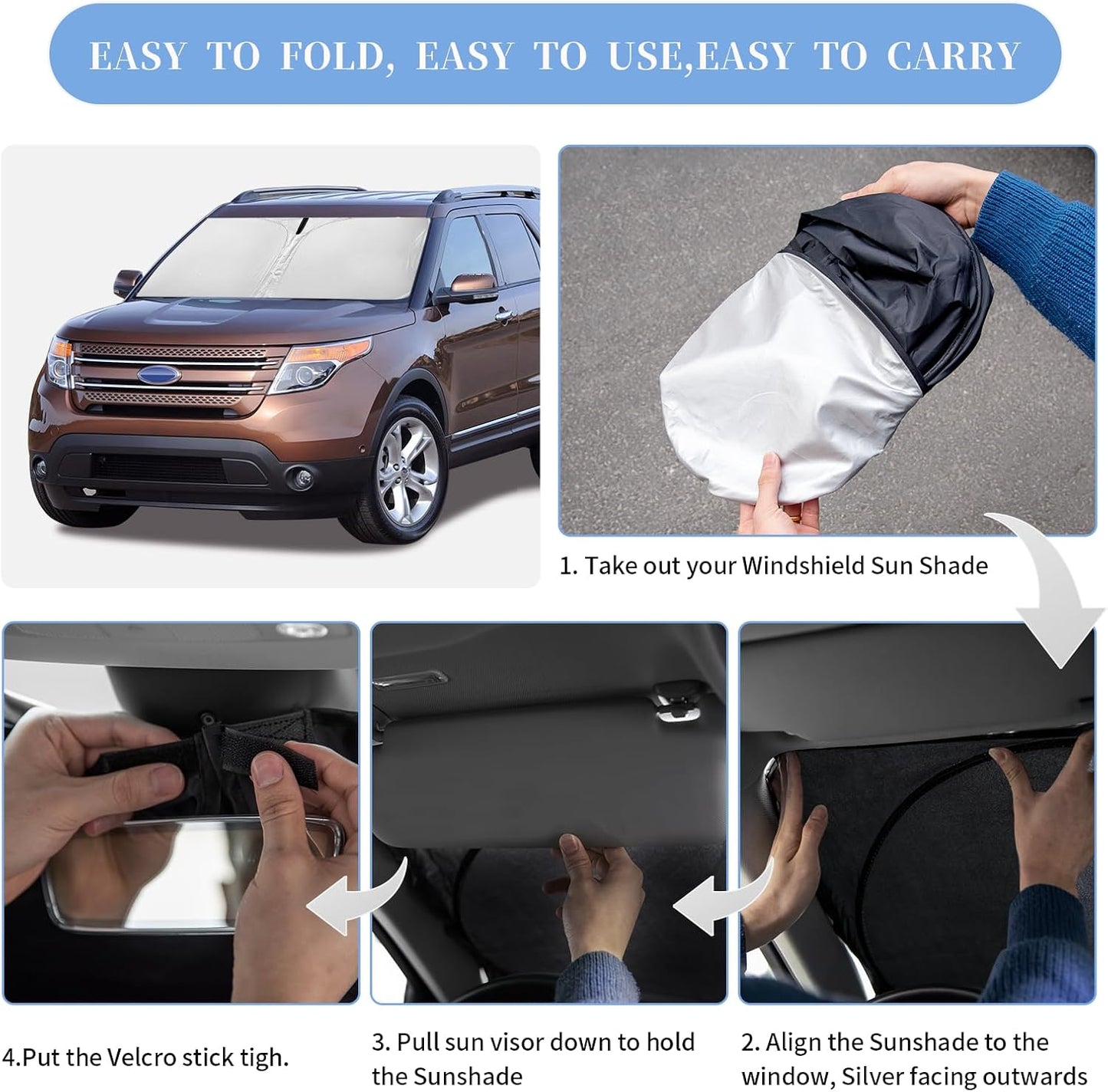 for Ford Explorer 2011-2019 Sun Shade Sunshade Windshield Cover, 4-Layer Front Window Shade Custom Fit Explorer Ford Explorer SUV, ST XLT, Limited, Platinum Sun Visor 240T Fabric Shade