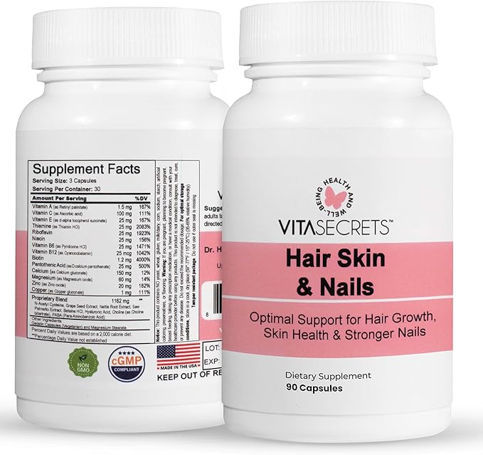 Vitasecrets Hair, Skin & Nails Super Blend – 90 Capsules with Biotin, Collagen, and Hyaluronic Acid for Healthy Hair, Glowing Skin, and Stronger Nails – Non-GMO, Gluten-Free, Made in The USA