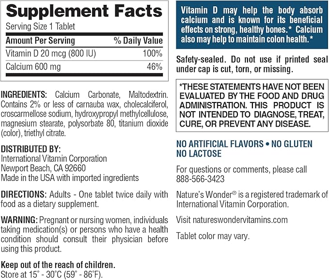 Nature's Wonder Calcium 600 mg with Vitamin D3 20 mcg for Bone Health, 220 Tablets