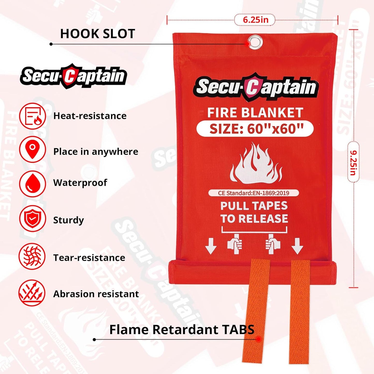 SecuCaptain Emergency Fire Blanket for Home - 2 Pack 60"x60" X-Large Flame Retardant Blankets with Fireproof Tabs for House Camping Kitchen Fire Protection Survival Safety