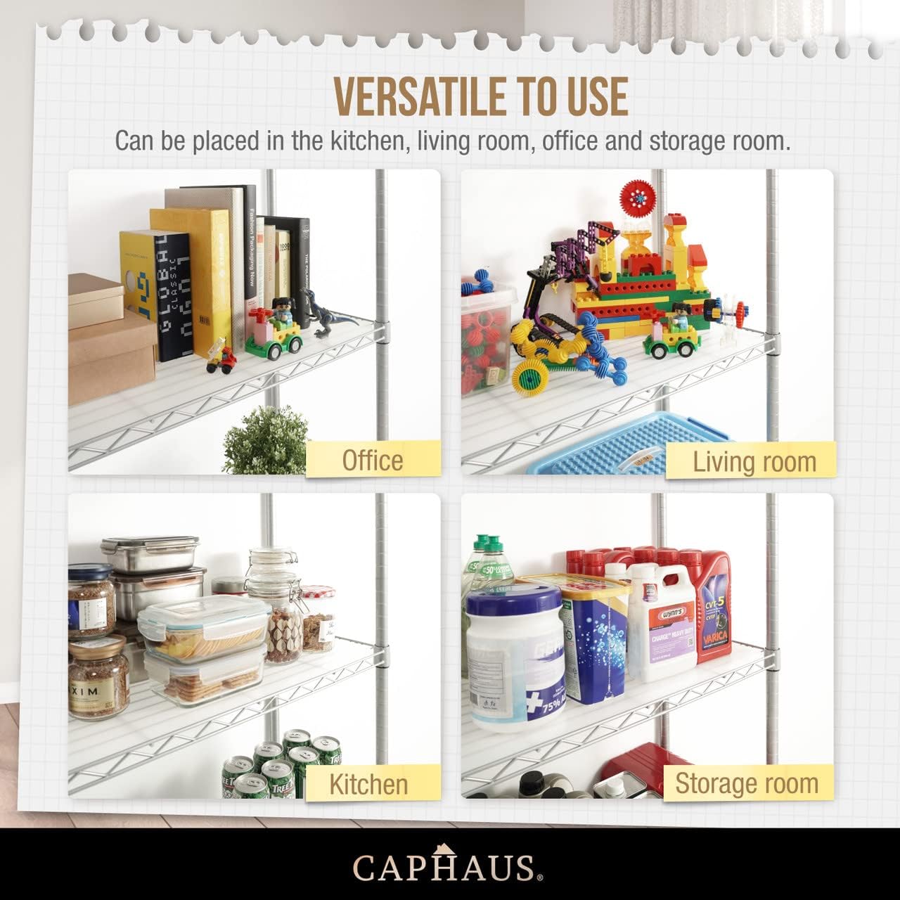 CAPHAUS NSF Adjustable Height Wire Shelving Unit w/Liner, 5-Tier Metal Steel Storage Shelf for Basement, Garage, Utility Organizer, No Wheels, Black