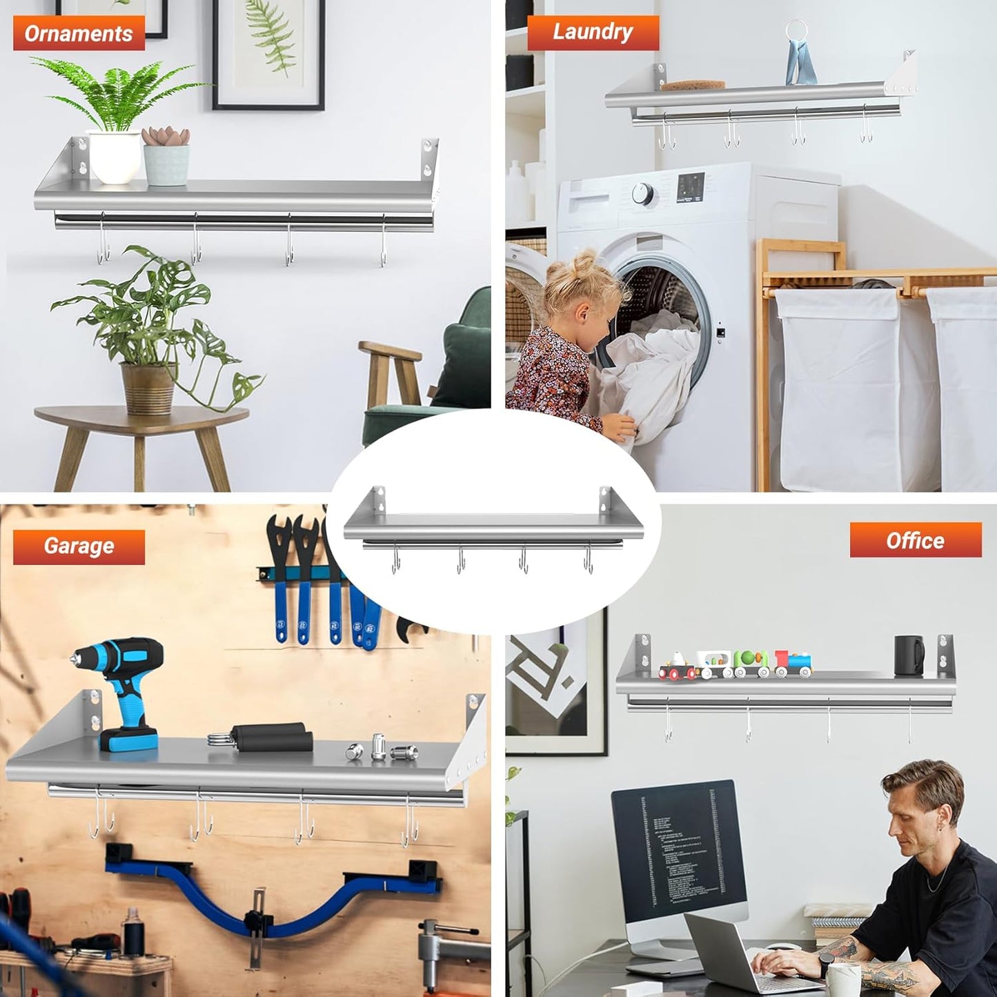 Skyflame 12" x 24" Stainless Steel Shelf with 4 Hooks, Wall Mounted Floating Shelving Storage Rack for Restaurant, Kitchen, Bathroom, Office