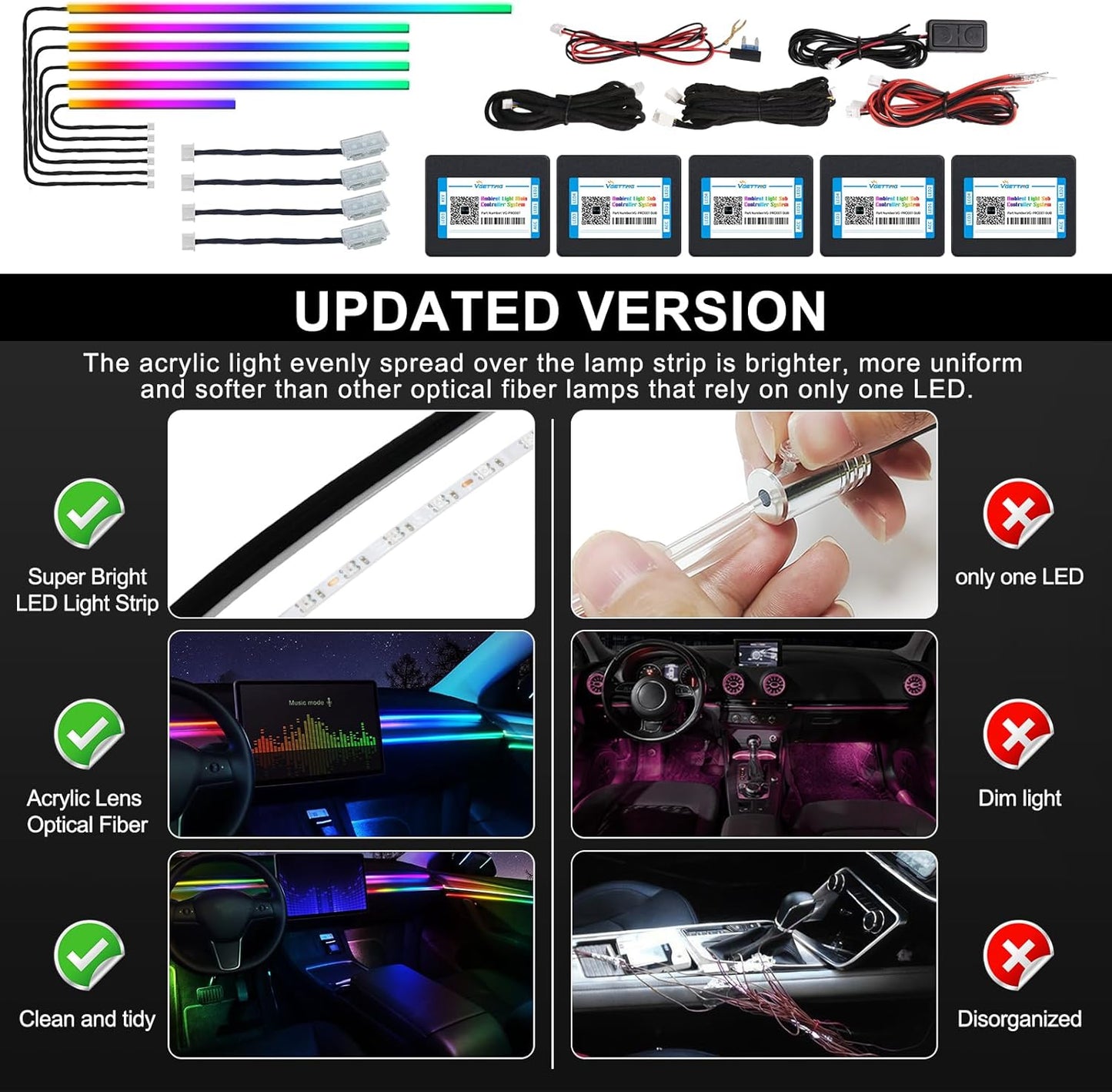Acrylic Interior Car LED Strip Light with Wireless APP, Dreamcolor RGB 10 in 1 with 175 inches 600 LEDs Fiber Optic Car Ambient Lighting Kits, Dual Zone Sound Active Function LED Strip for Car