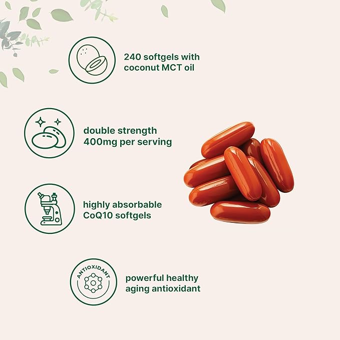 Micro Ingredients CoQ10 400mg Per Serving | 240 Softgels with Coconut MCT Oil | High Absorption Coenzyme Q10 as Ubiquinone | Antioxidant Support for Heart & Energy Health | Non-GMO