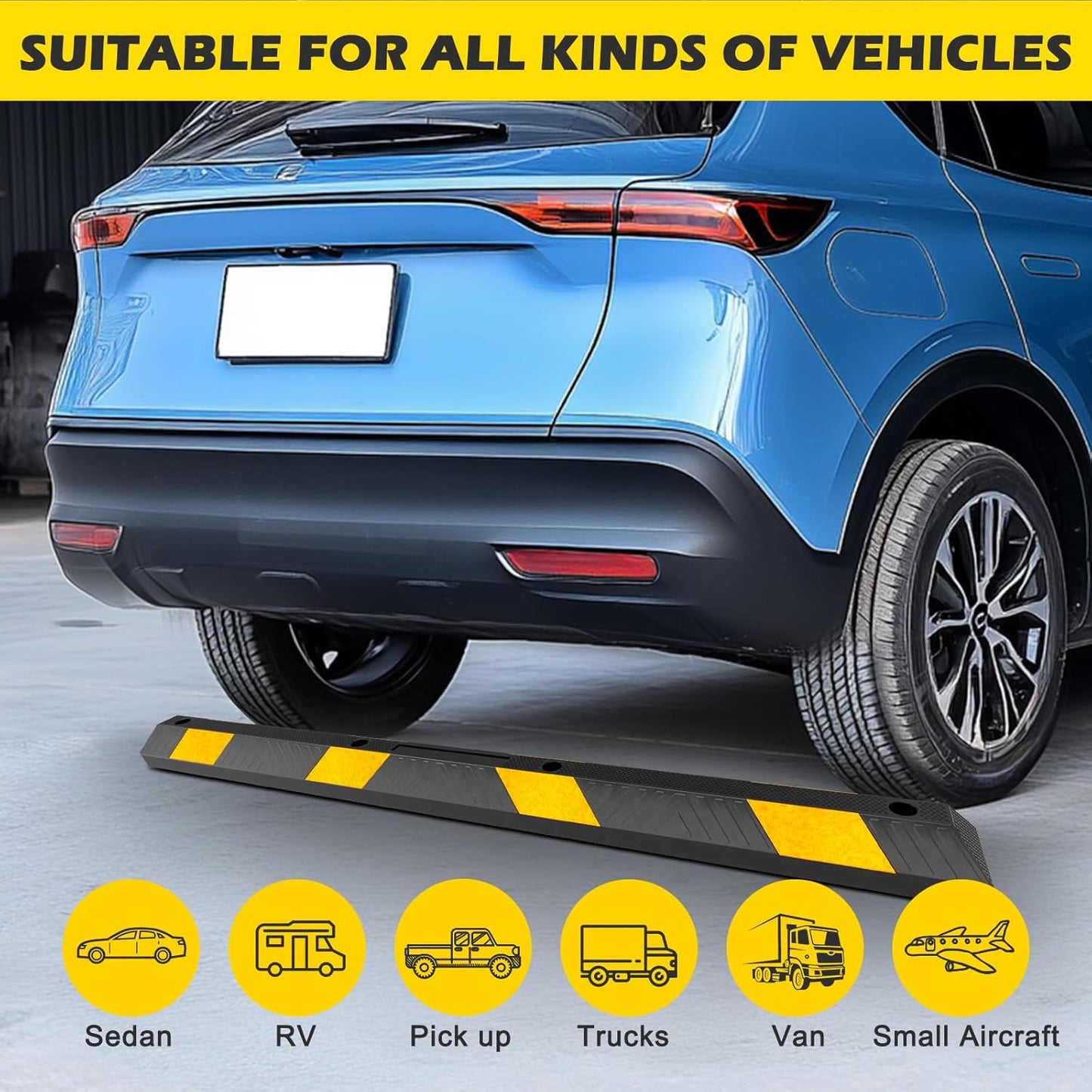 72" Rubber Parking Curb Stop, Heavy Duty Car Stopper, Parking Wheel Stops for Car, Garage Bumpers with Reflective Yellow Tape for Parking Car, Garage Parking (2 Pack)