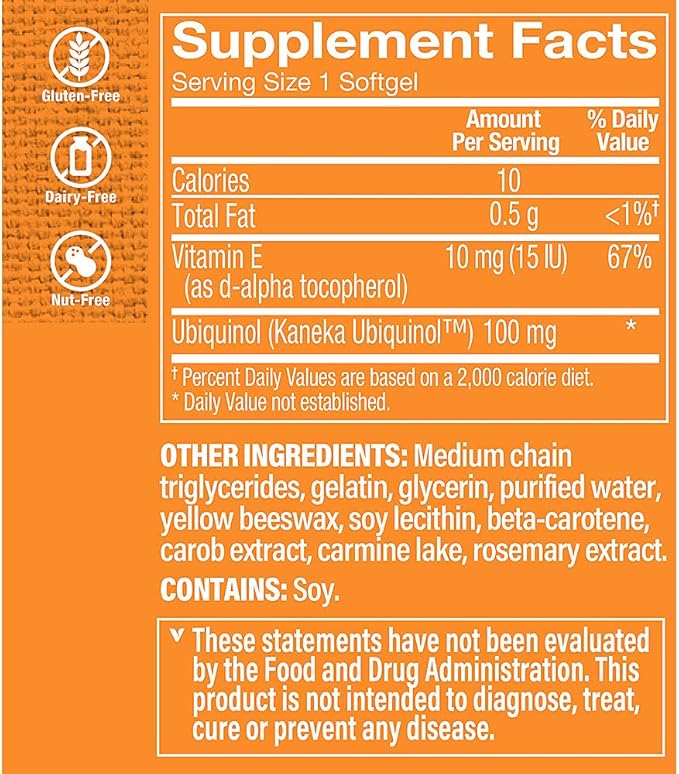 The Vitamin Shoppe Ubiquinol CoQ-10 100mg - Beneficial for Those Taking Statins – Supports Heart & Cellular Health and Healthy Energy Production, Essential Antioxidant – Once Daily (120 Softgels)