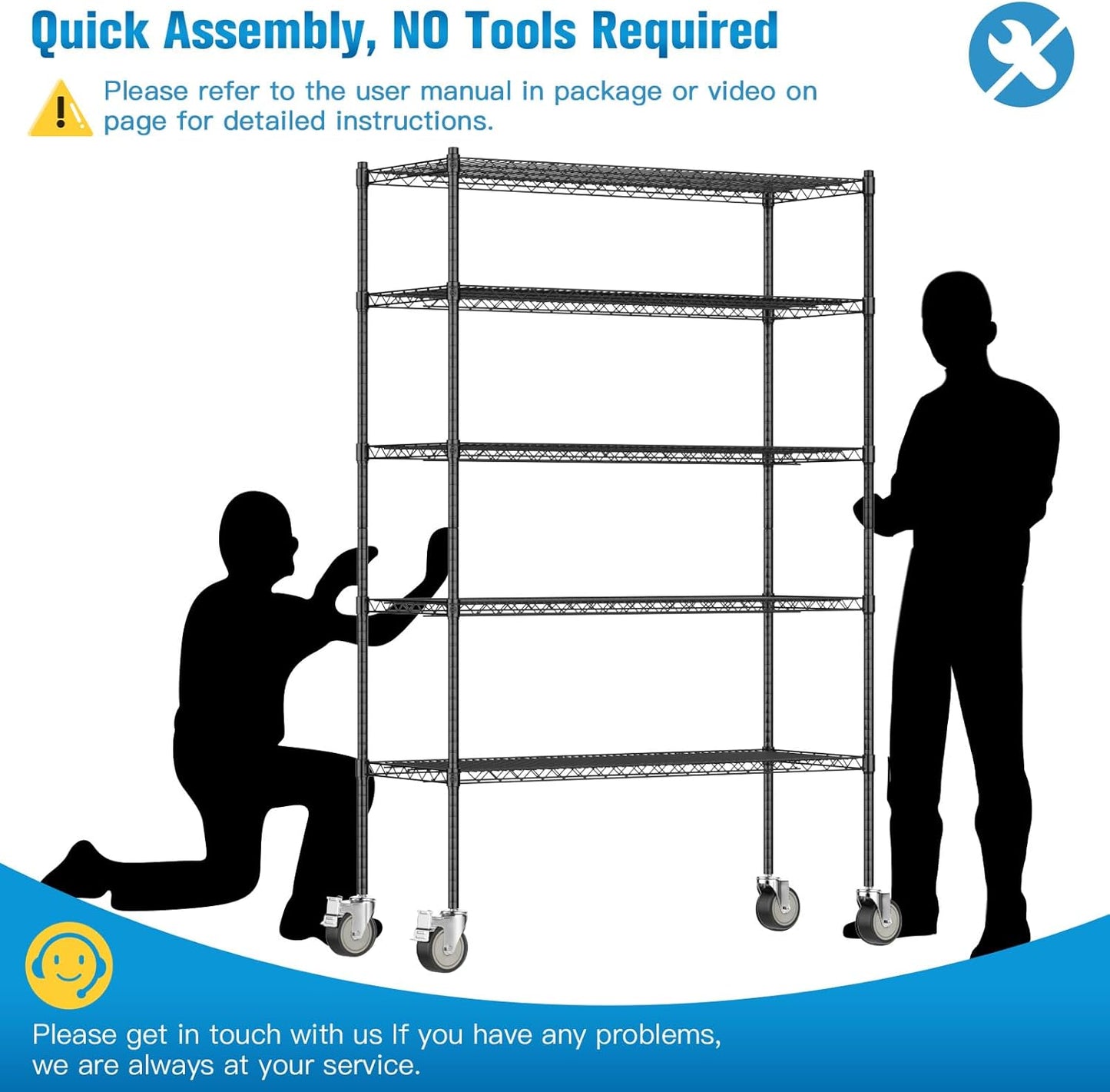 Wire Shelving with Wheels, 48x18x72 Inch, 3000 Lbs Storage Shelves Heavy Duty, Commercial-Grade Adjustable Utility Shelf, NSF-Certified Metal Storage Rack with Shelf Liners, 5-Tier, Matte Black