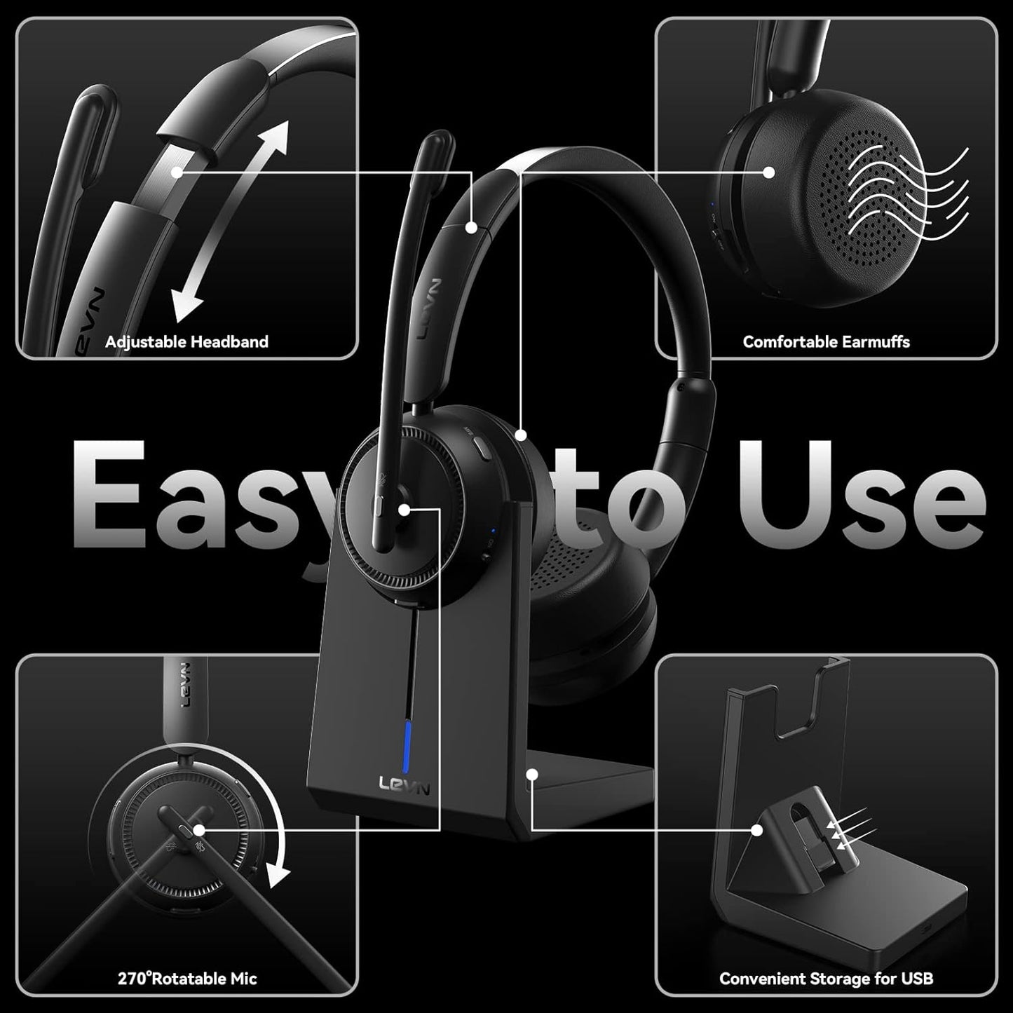 Wireless Headset with Mic for Work, Bluetooth Headset with Microphone (Noise Cancelling & Mute Button), Wireless Headphones with Mic for Work from Home/Office/PC/Call Center/Computer/Laptop/Teams/Zoom