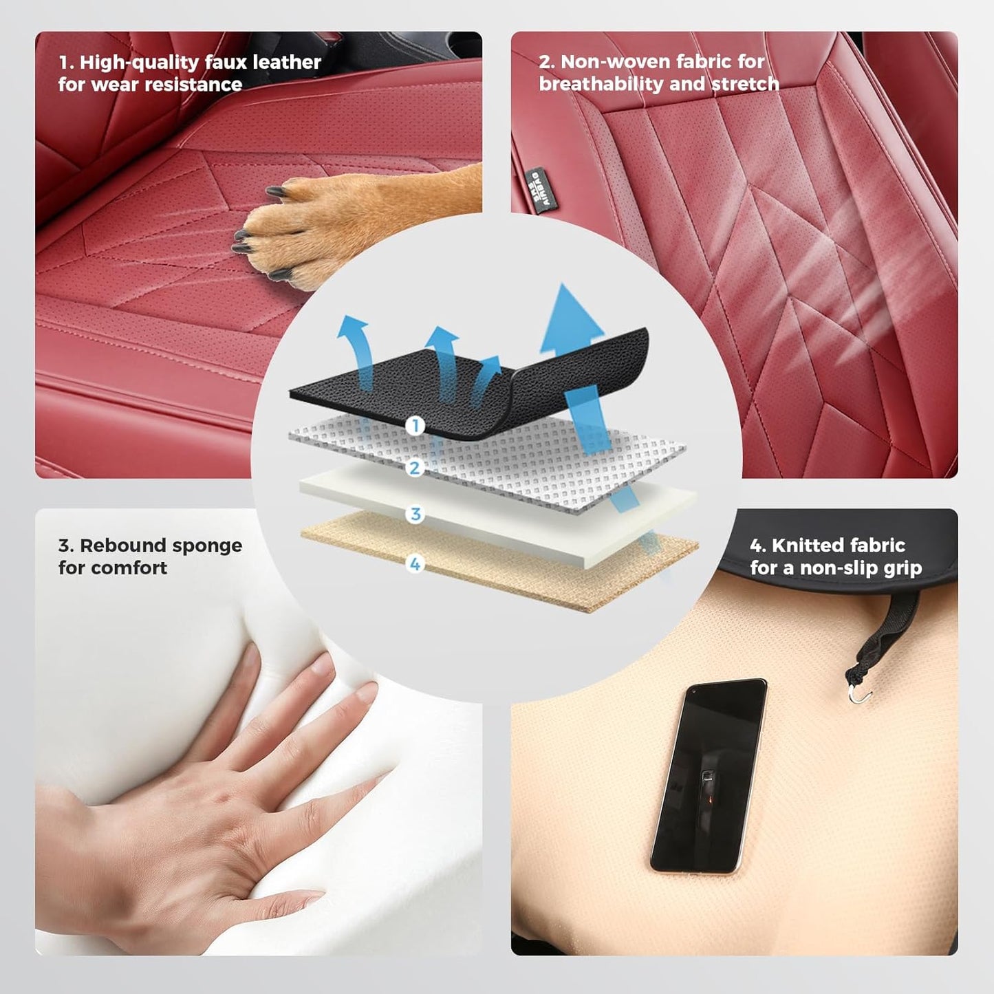 Wine Red Car Seat Covers Full Set - Waterproof Leather Car Seat Protector Universal Fit Colorado Equinox Malibu Blazer Trailblazer Trax