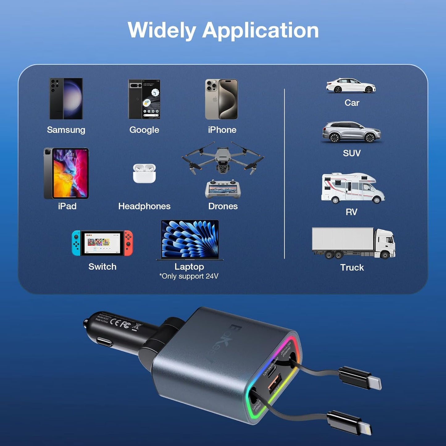 Retractable Car Charger 4 in 1, 131w Cigarette Lighter Adapter USB C, Type C Retractable Fast Charging Car Charger Adapter Multi Port for iPhone16/15/14/13/12/11, Samsung and More