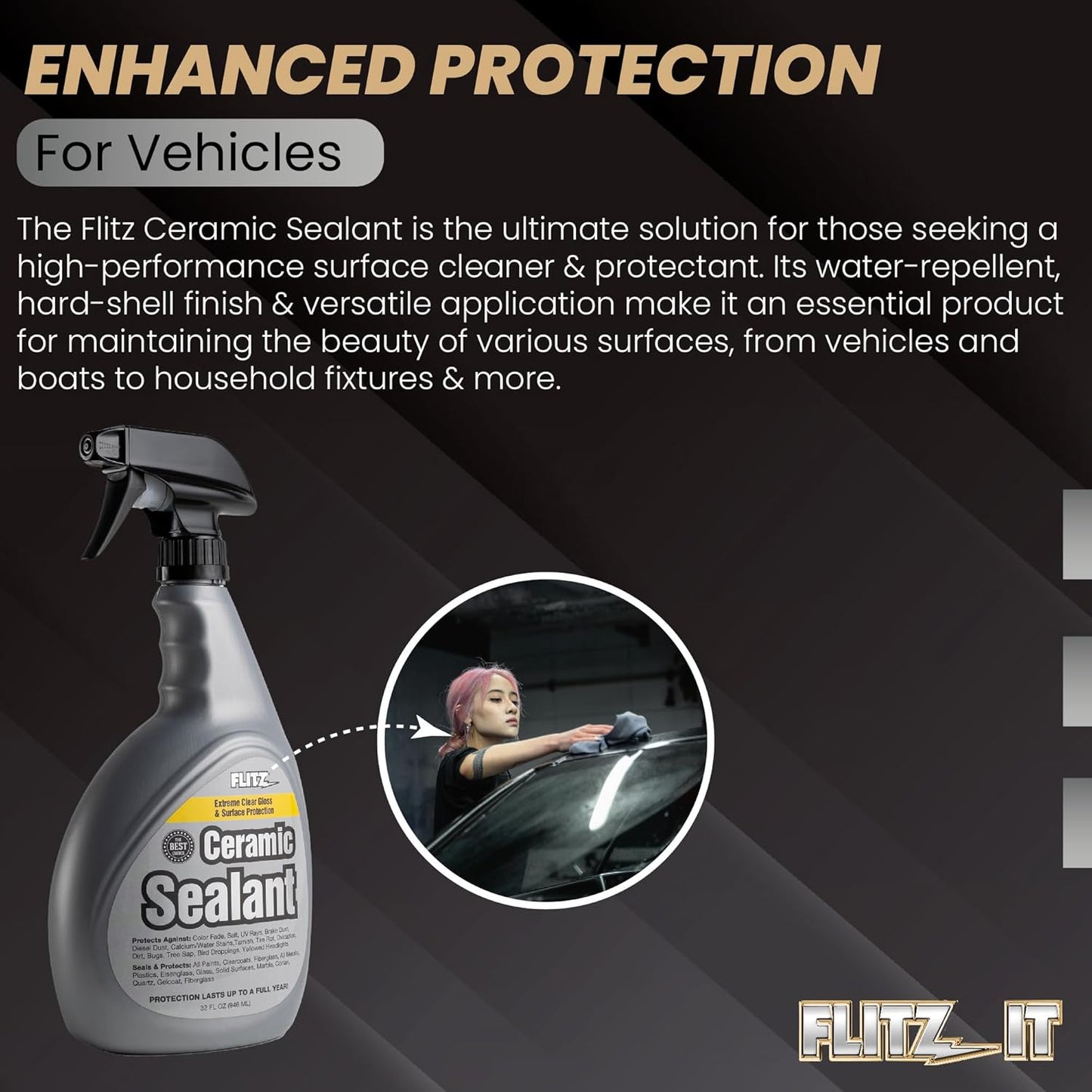 Flitz Ceramic Sealant - 32oz Bottle of USA-Made Ceramic Coating for Cars, Boats, Glass - Repels Water, Polishes, and Protects for 1 Year - Protection Car Spray Made for All Metals, Fiberglass