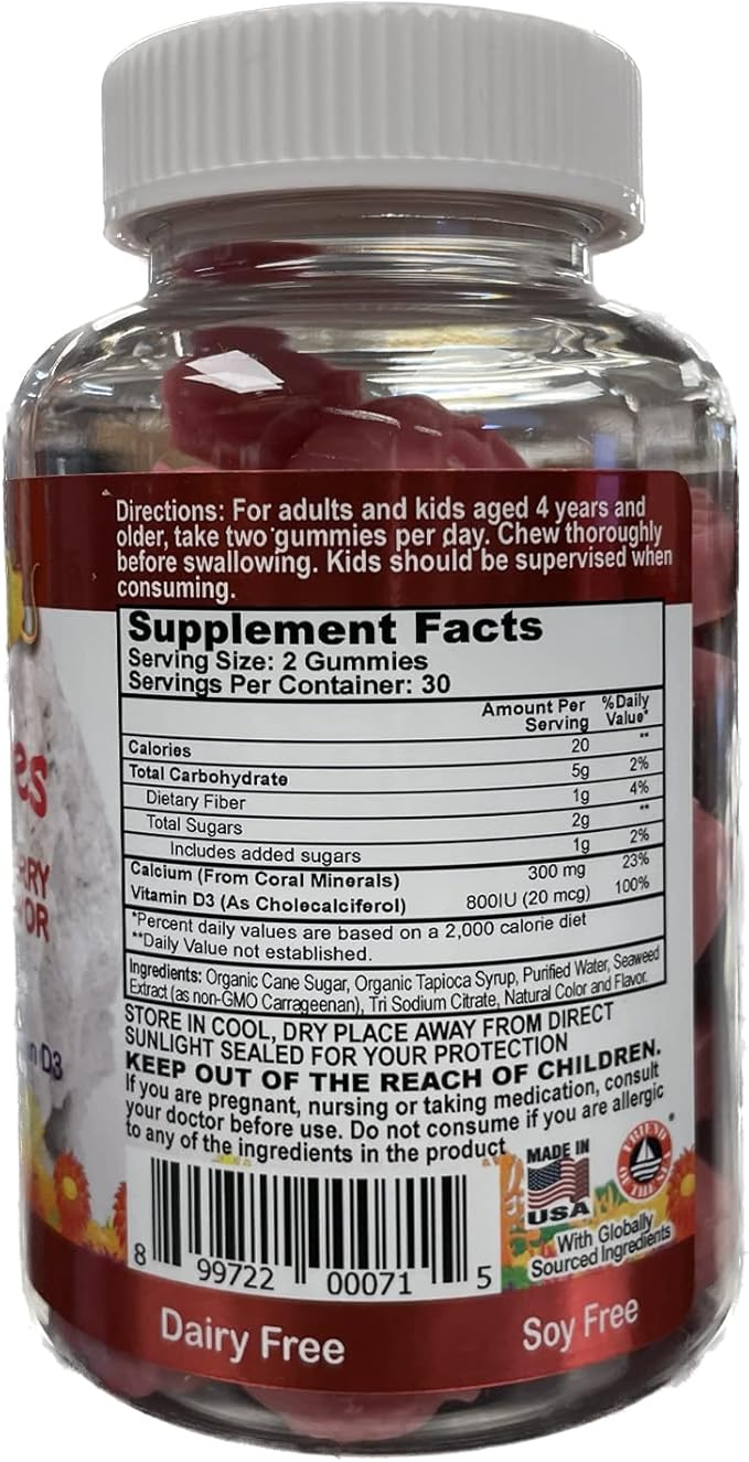 ECO SAFE Coral Calcium Vitamin D3 Kids Gummy, Natural Cherry Flavor, Non GMO, Gluten-Free, Dairy-Free, Soy-Free and Gelatin Free - 300 mg of Calcium, and 800 IU of Vitamin D3-60 Gummies (2 Pack)