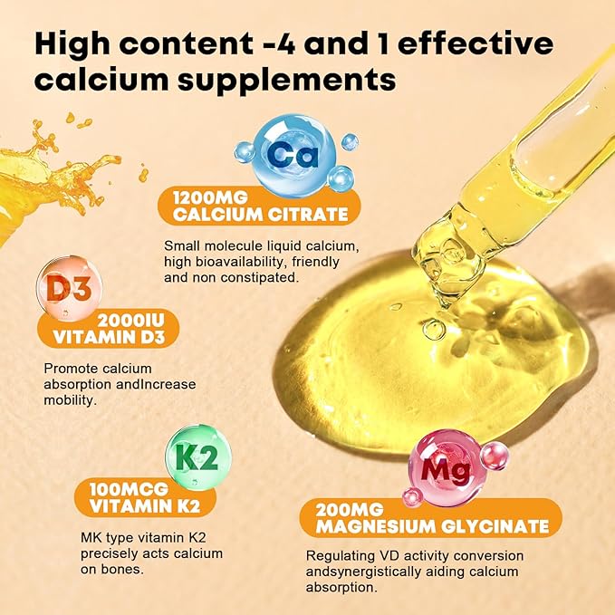 Calcium Citrate Supplement – Calcium Citrate 1200mg with Vitamin D3 Drops | Highly Absorbable | Non-GMO, Gluten-Free | Bones, Teeth & Muscle Support - 1 Fl Oz (2 Pack)