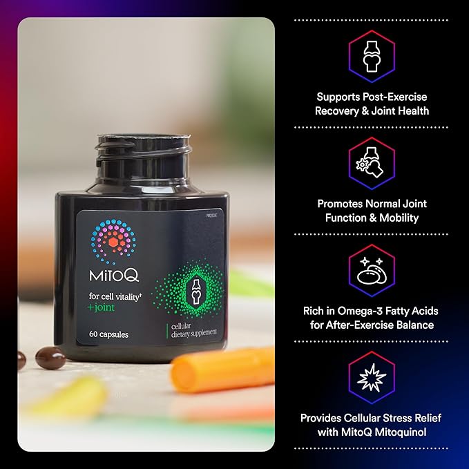 MitoQ +Joint Advanced CoQ10 Antioxidant Supplement - Contains Mitoquinol Mesylate & Green Lipped Mussel Omega Oil Extract - Supports Healthy Joint, Mobility and Cell Vitality (60 Softgel Capsules)