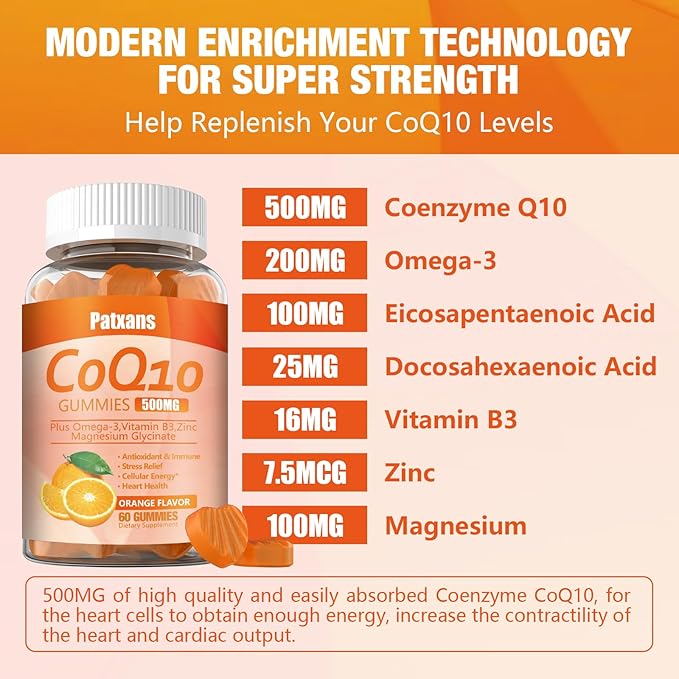 1 Pack 500MG CoQ10 Supplement Gummies, Omega-3, Magnesium, Vitamin B3, Zinc, Ultra High Absorption Provides Healthy Support for Heart, Cell Energy& Antioxidants, 60Cts.