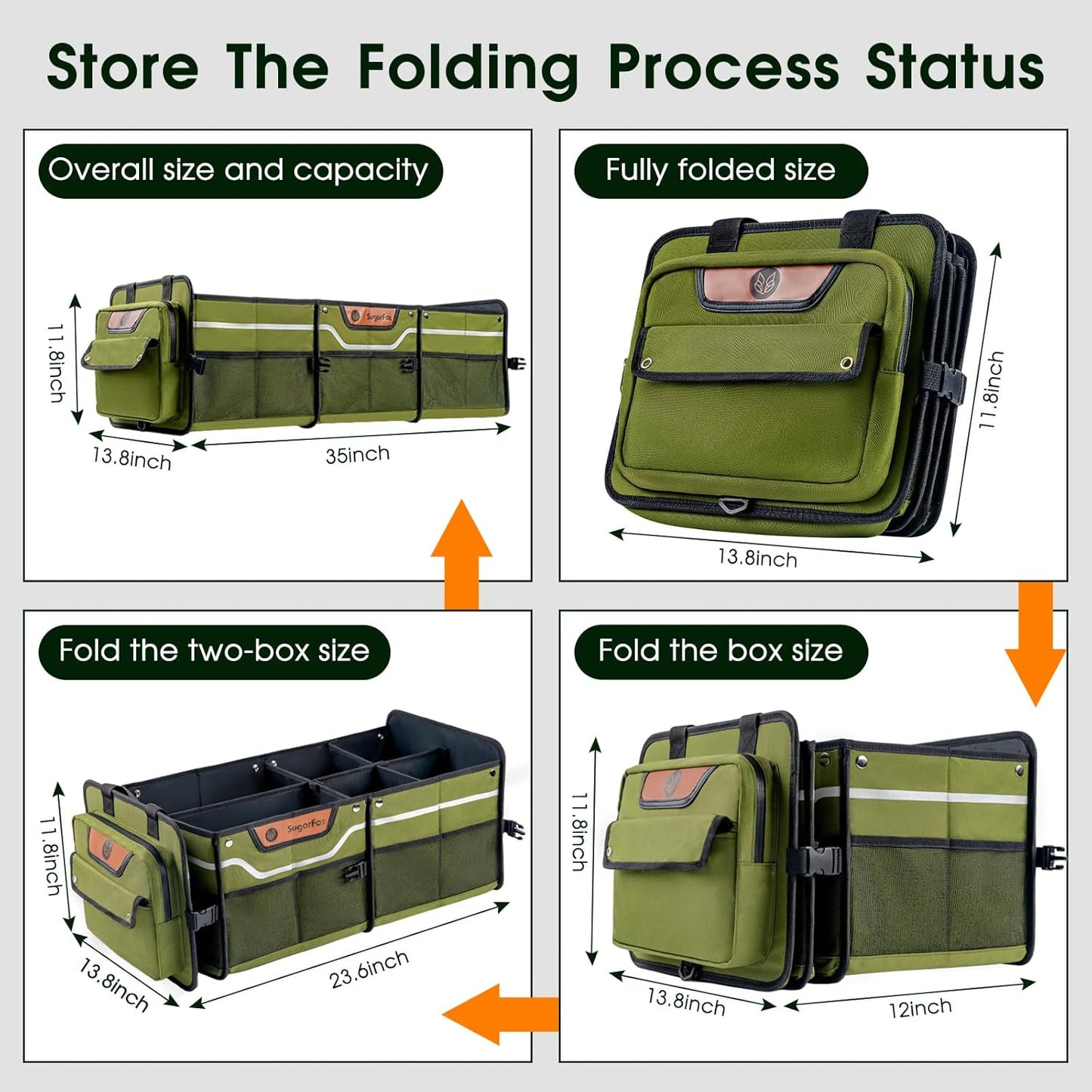 Trunk Organizer, Heavy-Duty Storage for Car & SUV, Foldable Waterproof Car Organizer with Cooler, Collapsible Multi-Compartment Storage, 95L, Green-M003