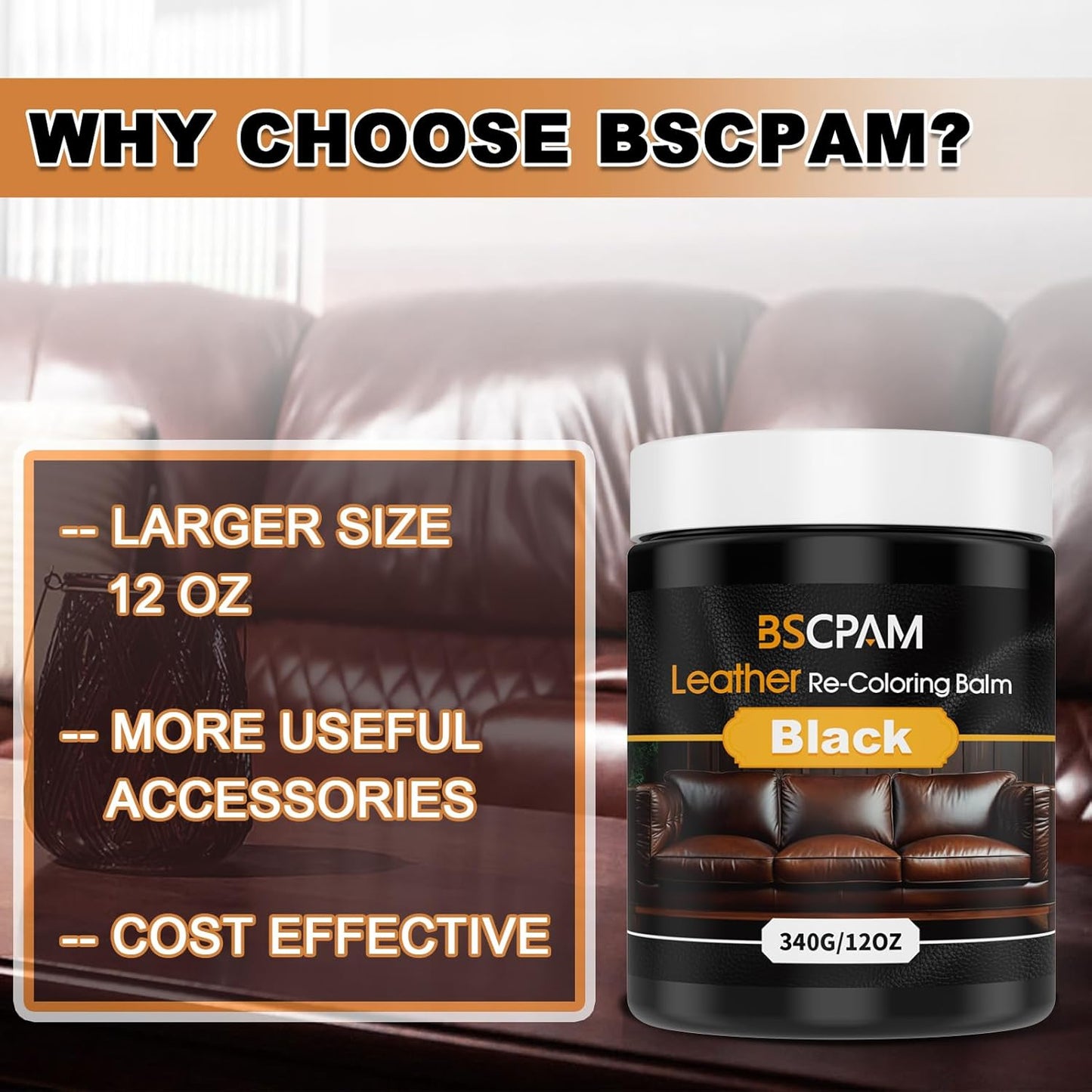 Black Leather Recoloring Balm, 12oz Leather Color Restorer for Couches, Leather Repair Kit for Furniture, Leather Dye for Leather Fade, Leather Repair Restore car seat