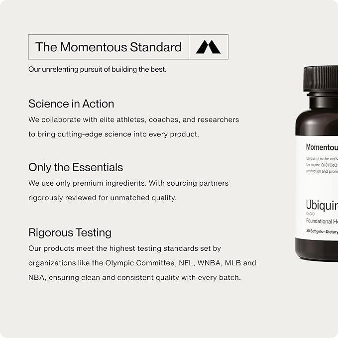 Momentous Ubiquinol - 42 g Plant-Based CoQ10 Softgel Supplement for Foundational Health Support - NSF Certified for Sport - GMO- & Gluten-Free - 30 Servings
