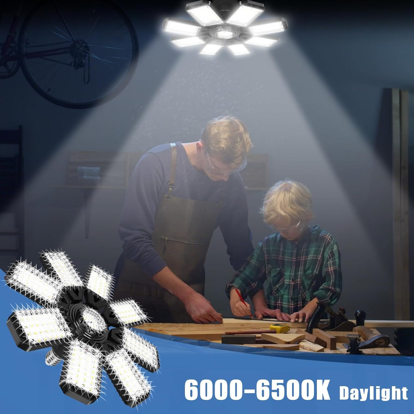 LED Garage Lights Bulb 8 Panels 2 Pack -200W, 20000LM 6500K Led Shop Light with 8 Deformable Panels, Basement Barn Light Garage Ceiling Lights