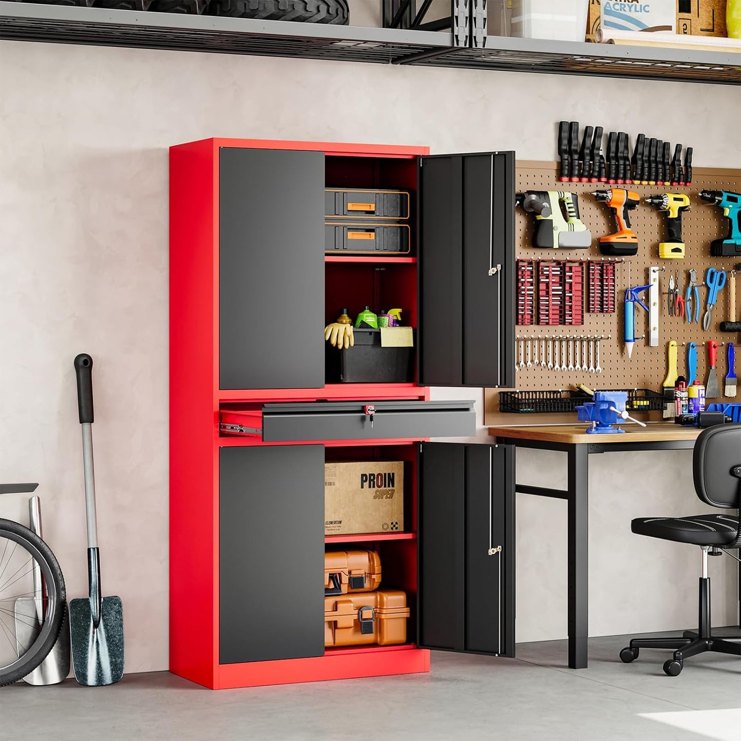 Yizosh Metal Garage Storage Cabinet with Locking Doors and Adjustable Shelves,- 71" Tool Storage Cabinet with 1 Drawer for Garage,Office,Warehouse