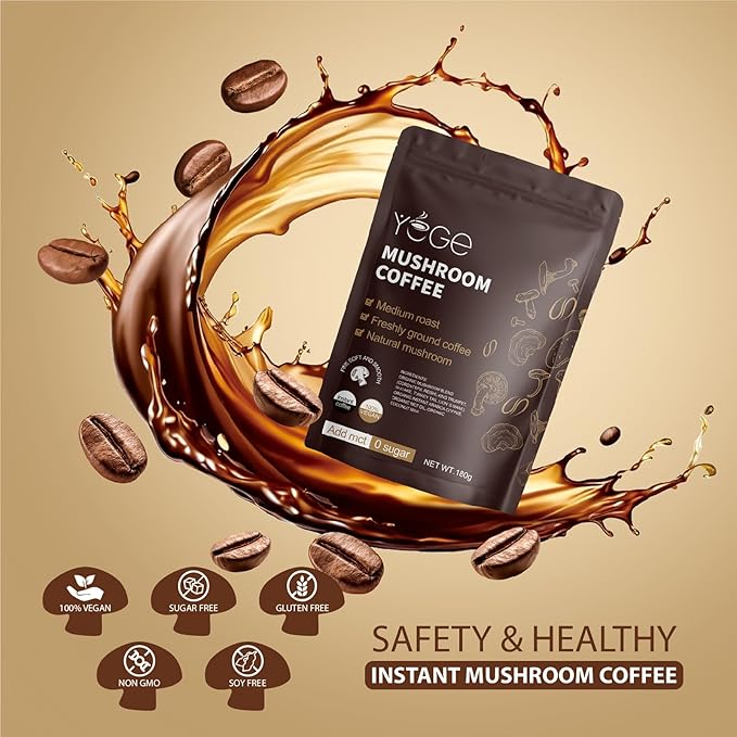 Mushroom Coffee, Instant Organic Mushroom Coffee with Cordyceps, Reish, King Trumpet, Shitake, Turkey Tail, Lions Mane for Energy, Focus, Positive Mood & Immune Support (30 Servings)