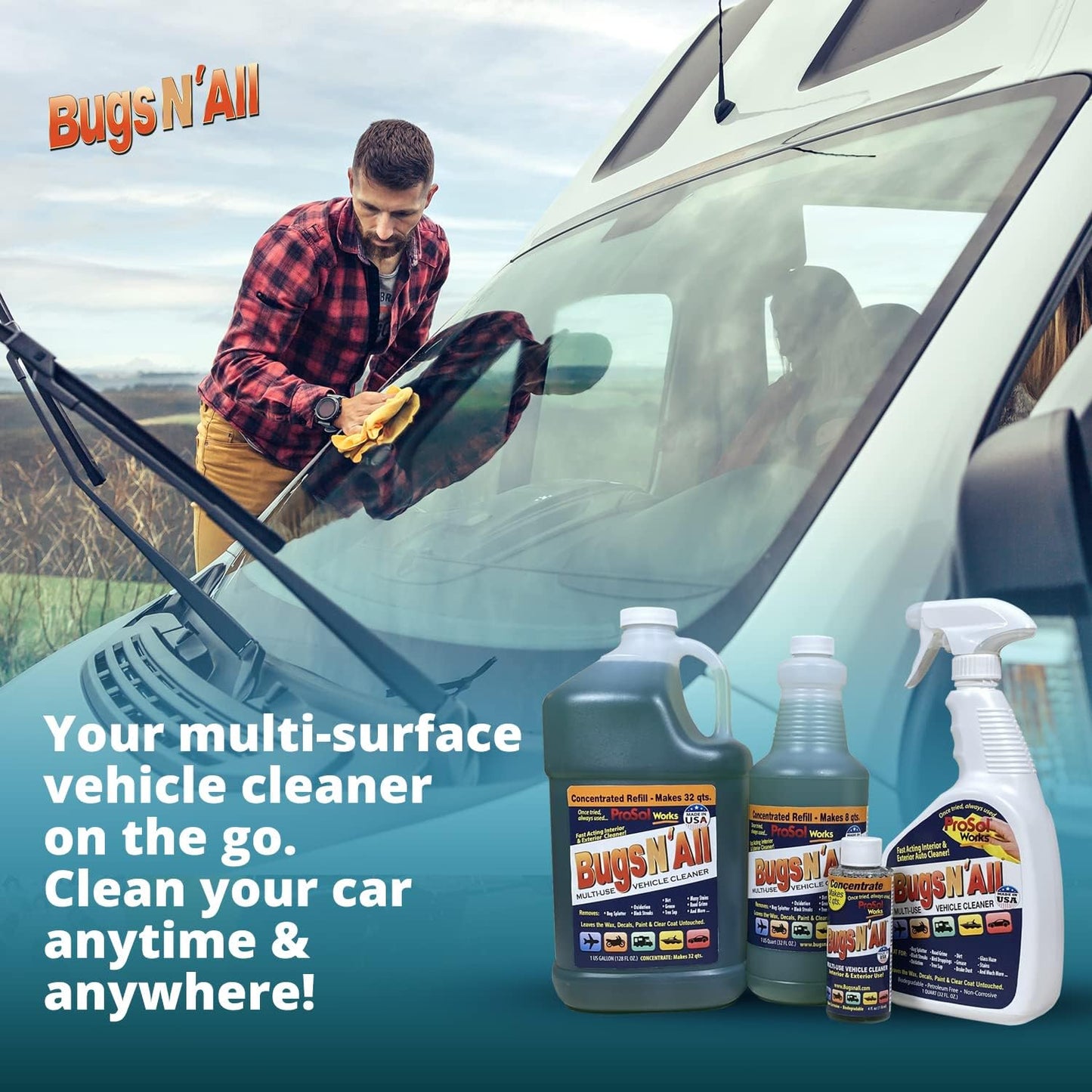 Bugs Nโ All Multipurpose Car Cleaner & Degreaser - Bug & Tar Remover Concentrate 1 Gallon - Exterior Cleaner Safe for Car Paint, Metal, Chrome, Aluminum, Windows & Mirrors - w/Free 32 oz Spray Bottle
