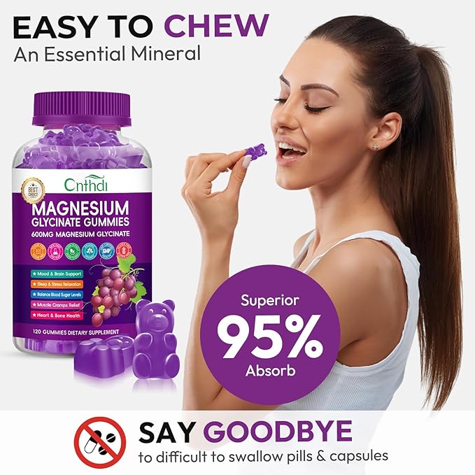 Magnesium Glycinate Gummies 600mg, Sugar Free Chewable Magnesium Gummies for Men & Women, Supports Evening Routine & Inner Balance, No Melatonin, Gluten Free, Non GMO, Vegan, 60 Days Supply