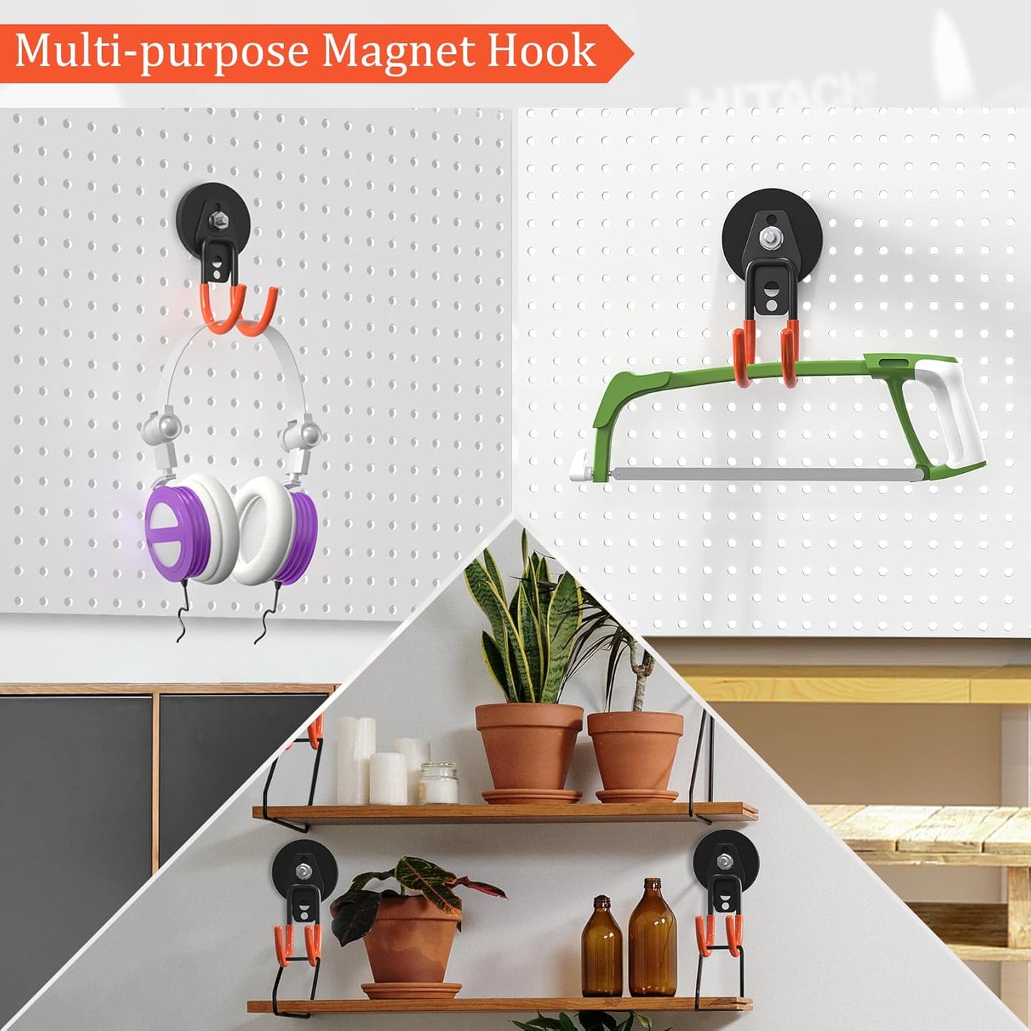 Heavy Duty Storage Magnetic Utility Hooks Large Garage Magnet Hooks with Anti-Slip Coating for Metal Cabinet,Pegboard,Garage Shelve,Garden Tools (4PCS 2.59'' Orange)