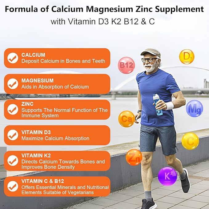 Calcium Magnesium Zinc Supplement with Vitamin C D3 B12 K2, 1000mg Calcium, 400mg Magnesium for Immune Energy Support, Bone Health and Muscle Function Softgels, 120 Count