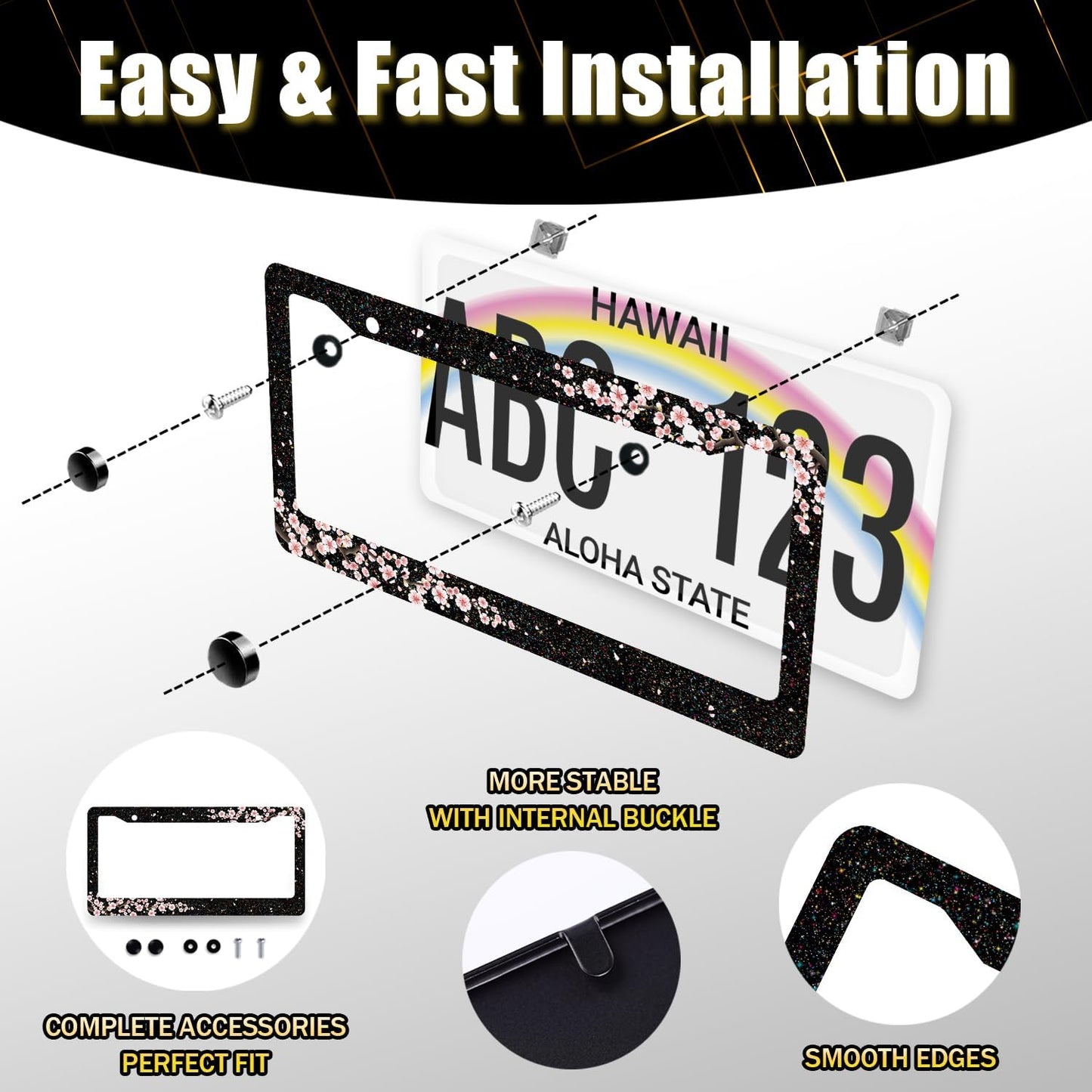 Bling Cherry Blossom License Plate Frame Pink Floral License Plate Stainless Steel Auto Parts Colorful License Plate Holder for Women Decoration with Screws License Plate Holder 12"x6"