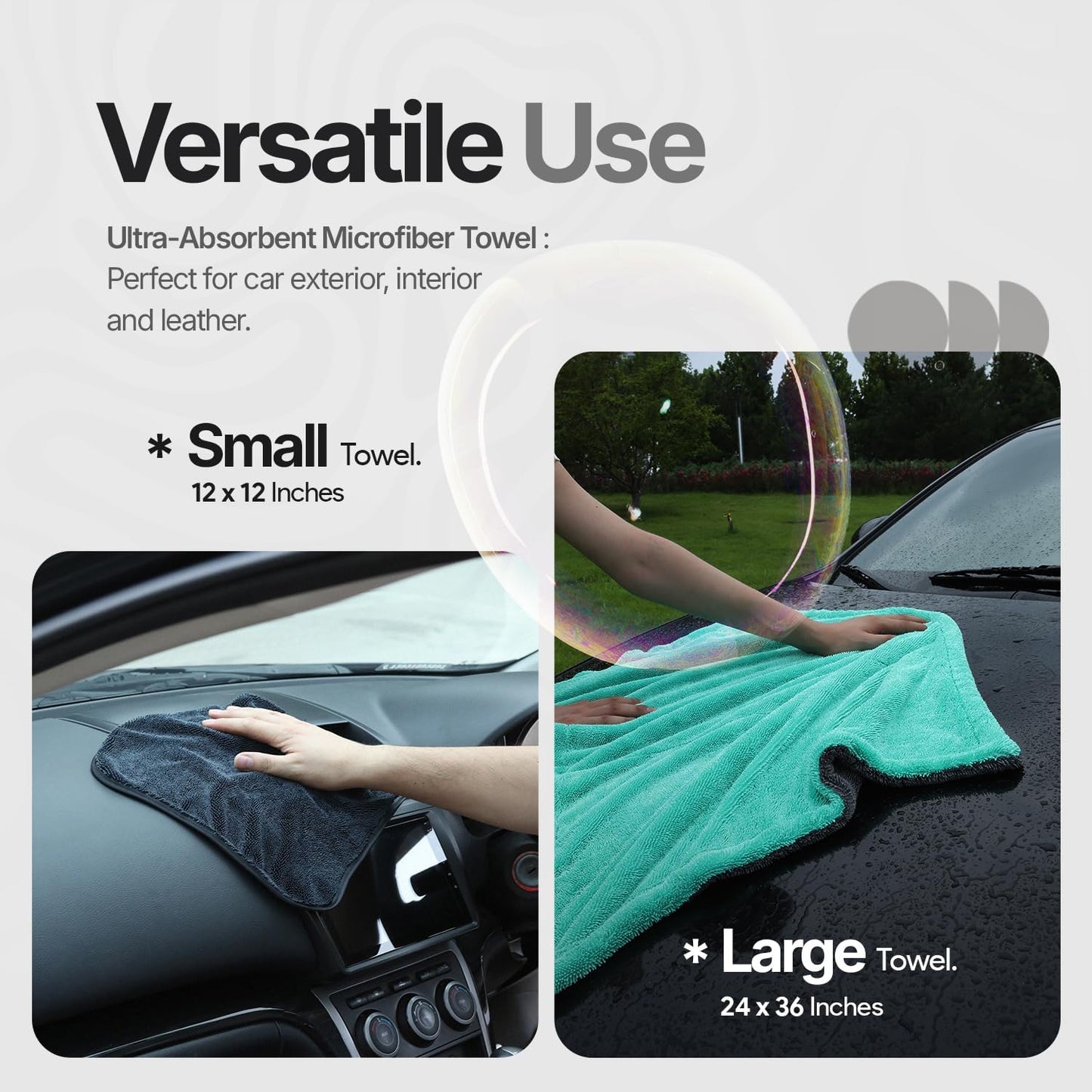 Microfiber Towels for Cars - 1300GSM X Large Size Double Twisted Loop 2pcs - 70/30 Blend Quick Dry High Absorbent Edgeless Streak Free - Car Drying Towel for Detailing 24x36″ & 12x12 (Grey+Green)