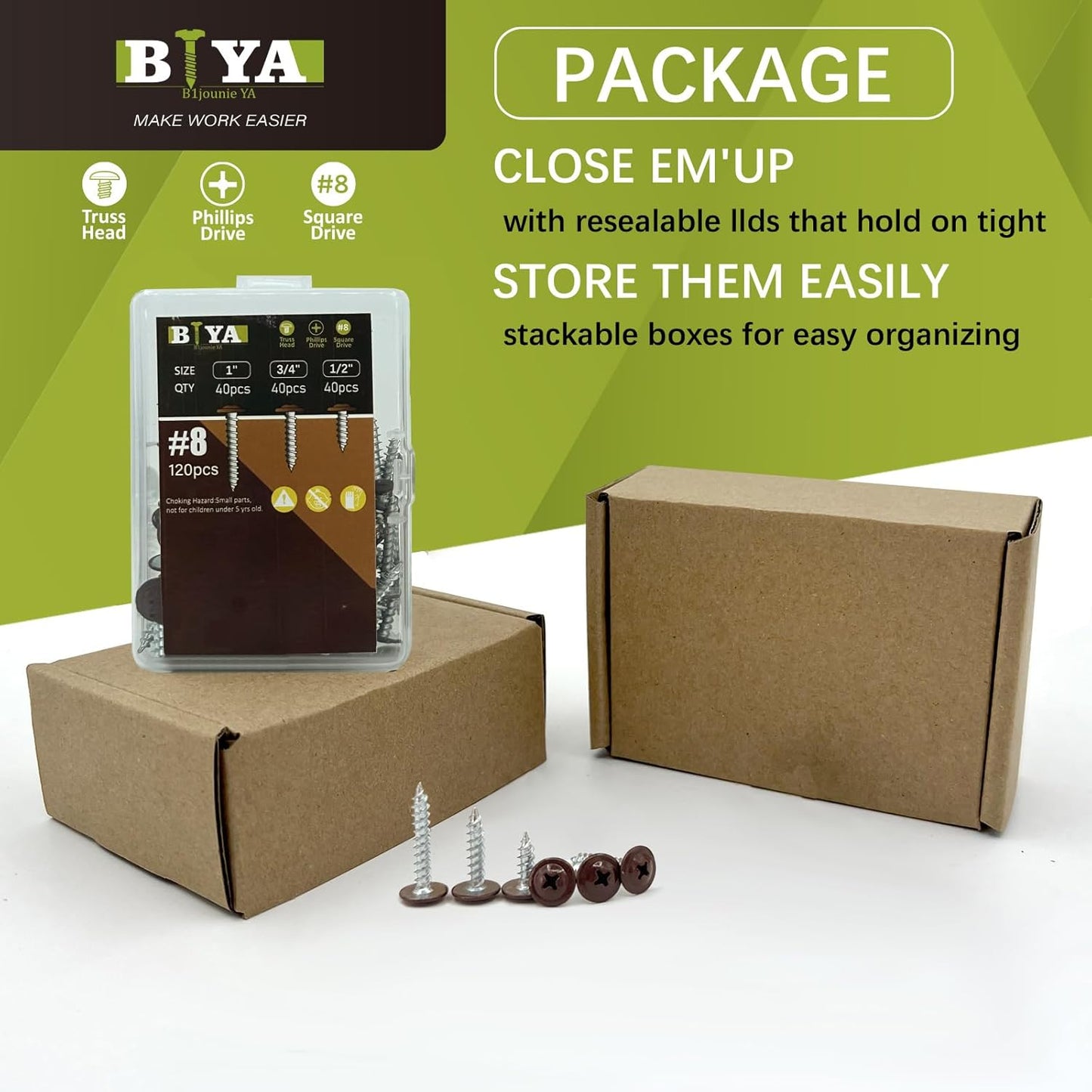 Brown Head Screws, #8 Brown Wood Screws 120pcs Thread Truss Head Fast Self Tapping White Pan Cabinet Screws Wood Work for Wall Plates, 1/2 Inch, 3/4 Inch, 1 Inch