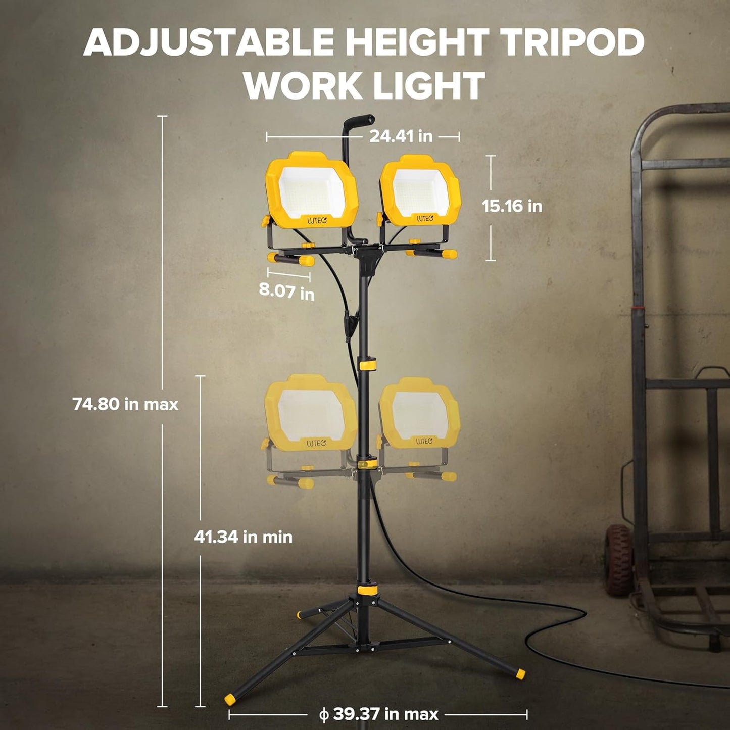 LUTEC 25000 Lumen LED Work Lights with Stand, Dual Head Dimmable Work Light with 6 Brightness Levels, IP65 Waterproof Rotating WorkLights with Telescoping Tripod and 8.2 Ft 3-Prong Power Cord