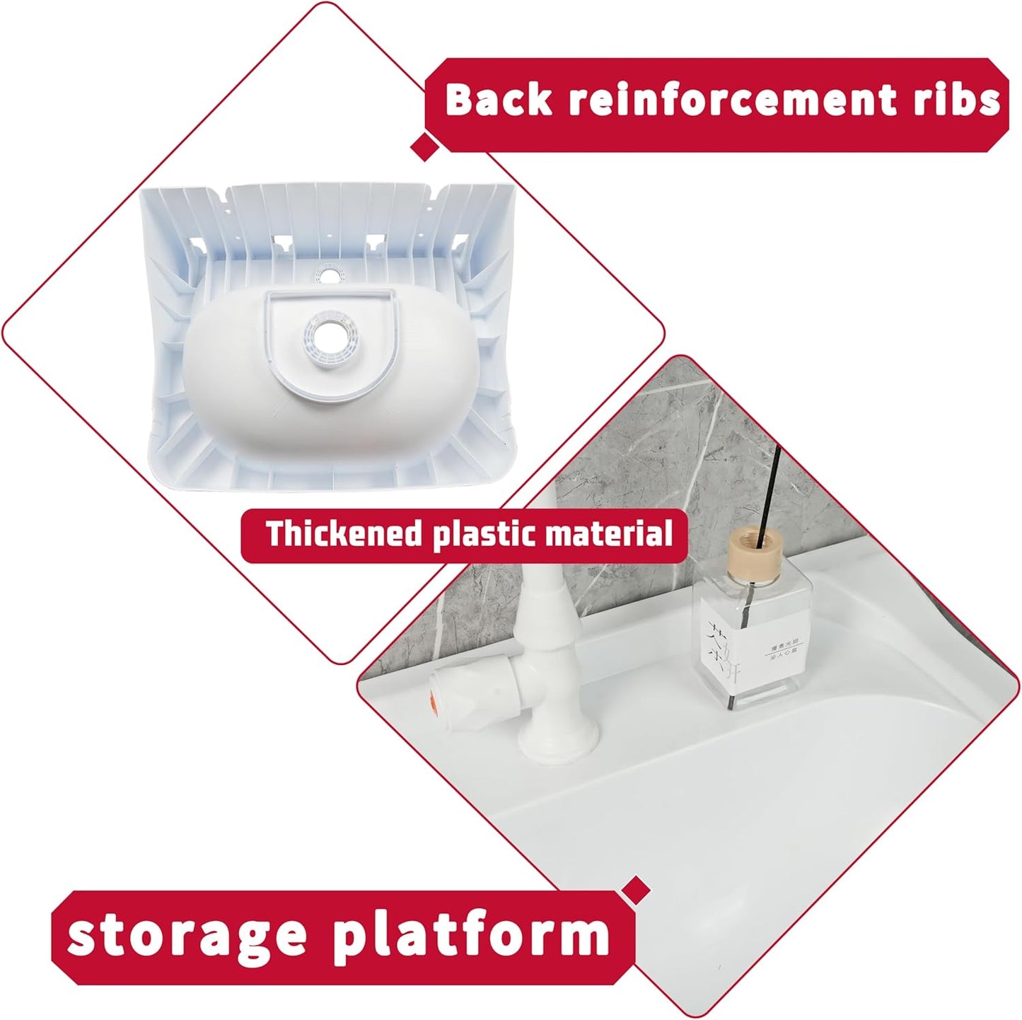 Wall Mount Bathroom Sink 19.7*15.3 No-Drill Installation Self-Adhesive Wash basin with Faucet Hole Bathroom Sinks Floating Vanity Sink for Lavatory Room Basin Plastic Rv Sink forGarage (19.7*15.3*7.1)