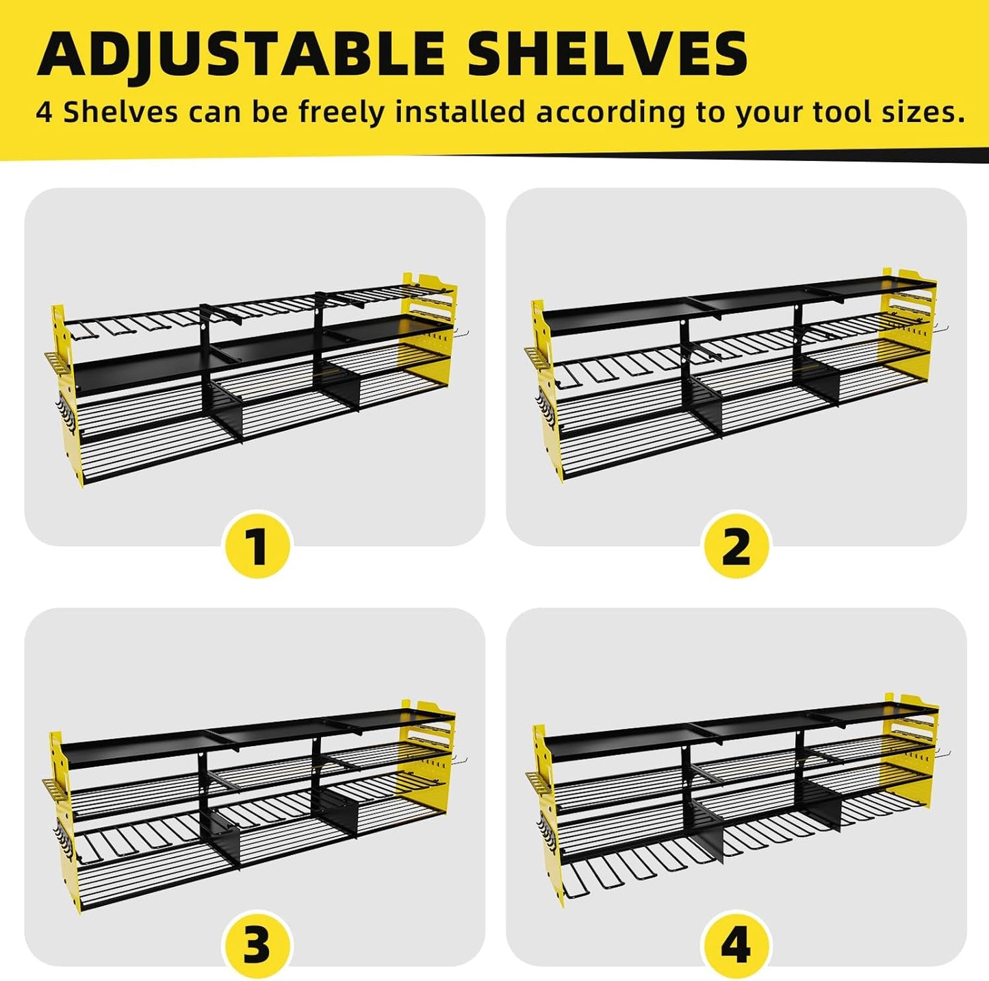 Power Tool Organizer Wall Mount with 12-Drill Holders-800Lbs Load Heavy Duty Metal 4-Layers Garage Storage and Organization with Side-Plates Adjustable Battery Tools Rack Utility Racks Gifts for Men