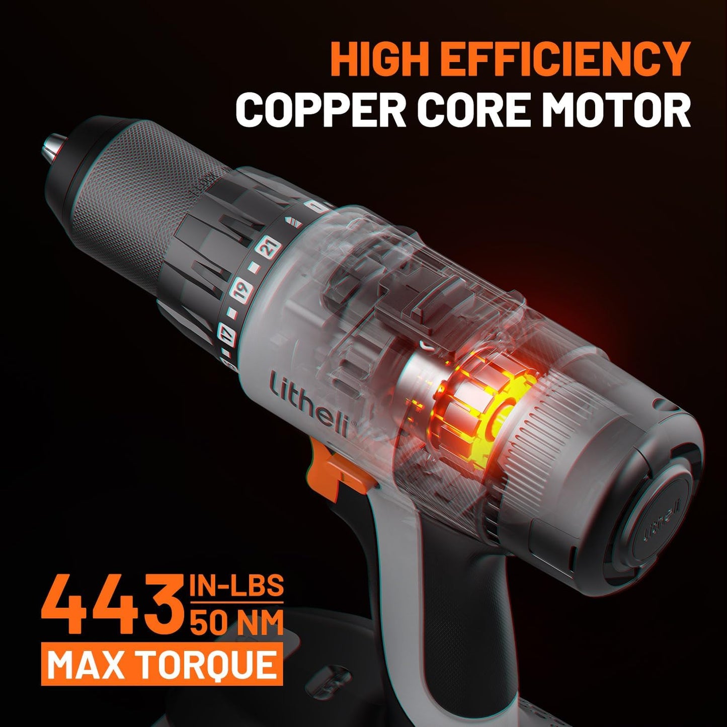 Litheli 20V Cordless Drill Driver Set, Electric Power Drill with 2 Variable Speed Settings, 1/2 Inch Keyless Chuck, 21+1 Clutch Settings with Maximum Torque of 443 In-lbs (Charger not Included)