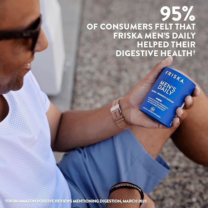 FRISKA Men’s Daily Digestive Enzyme and Probiotics Supplement, Natural Support for Male Digestive Health, Bloating, Gas, Indigestion Relief, Supports Gut Health, Lactase and B-Vitamins, 30 Capsules