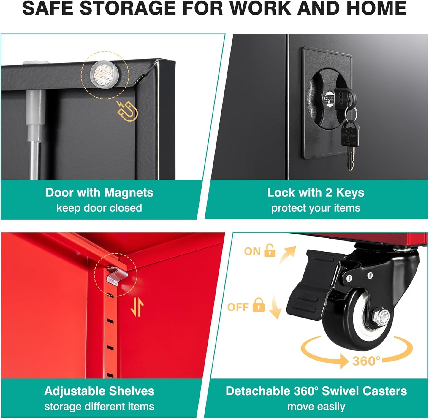 SISESOL 75" Tall Metal Storage Cabinet with Wheels,Rolling Garage Storage Cabinet with Lock,Red Metal Cabinets on Wheels,Locking Tool Cabinets on Wheel for Garage,Home,Office,Shop