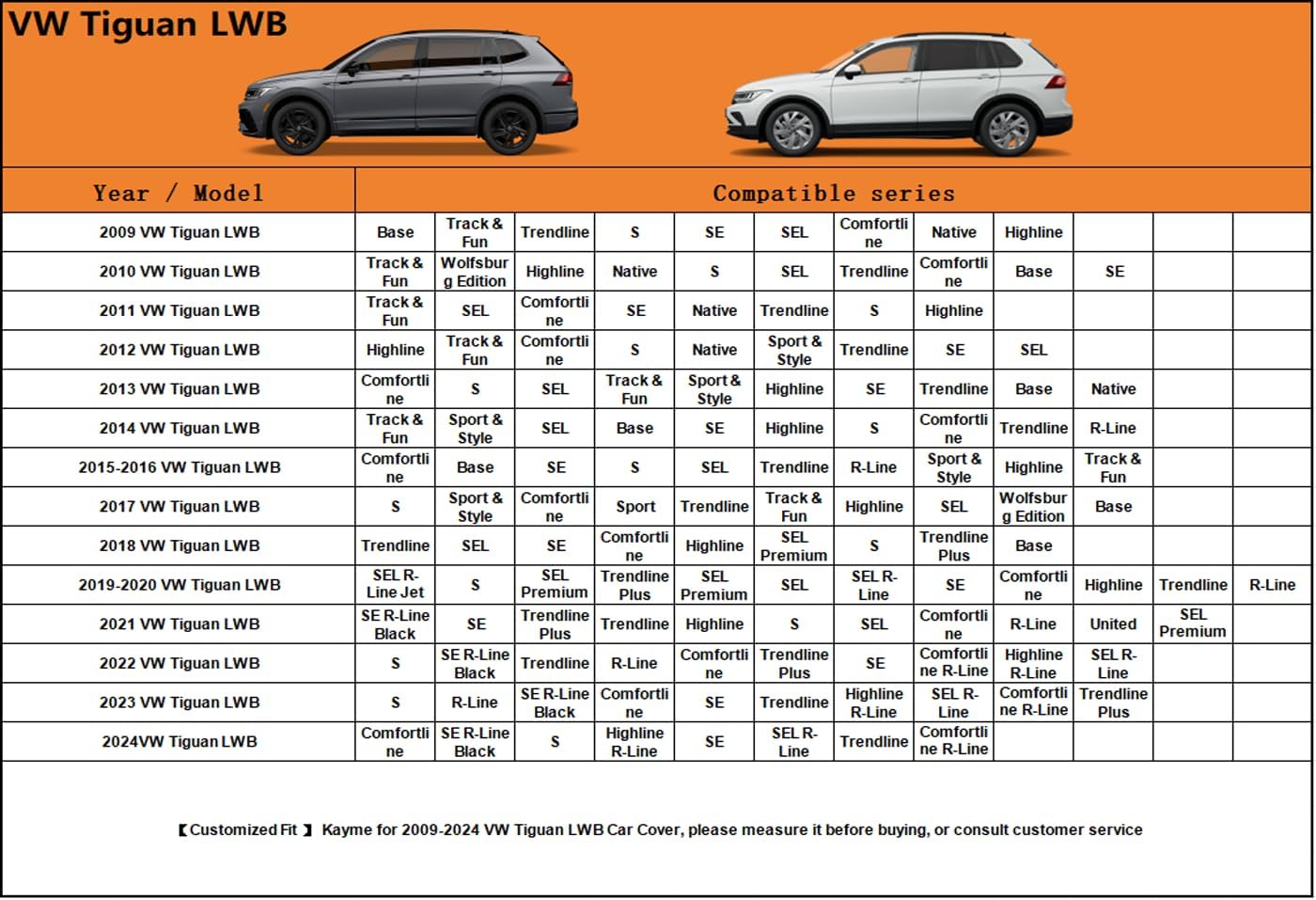 Kayme 6 Layers SUV Car Cover Custom Fit for VW Volkswagen Tiguan LWB (2018-2025) Waterproof All Weather for Automobiles, Outdoor Full Cover Rain Sun UV Protection.Silver