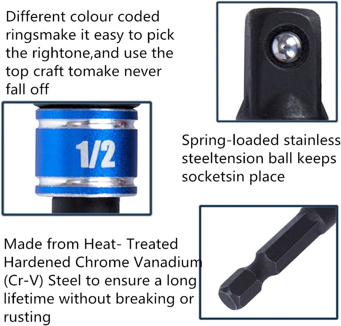 Socket Adapter Extension Set, 1/4, 3/8, 1/2 Inch Hex Shank, Impact Grade, Power Drill to Socket Converter, 3-Piece (Black)