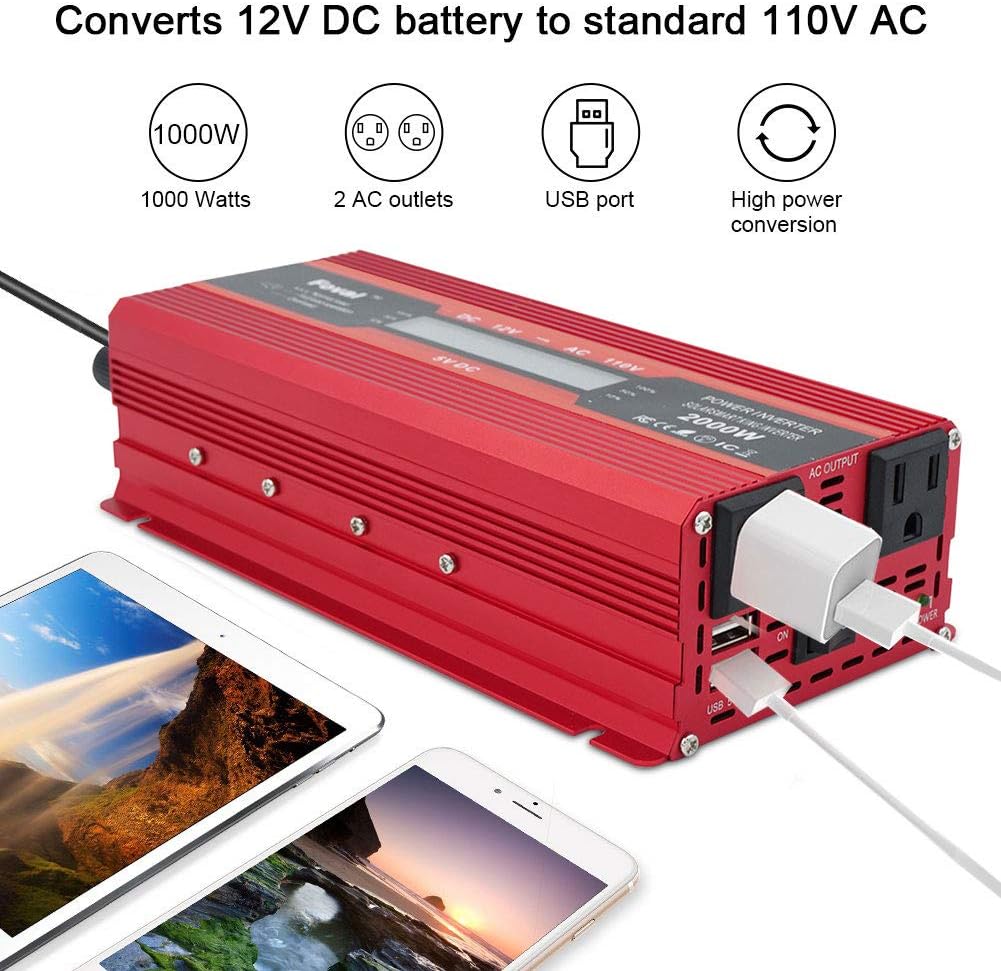 Power Inverter 1000W/2000W (Peak) Dual AC Outlets and Dual USB Charging Ports DC 12V to 110V AC Car Converter with Digital Display