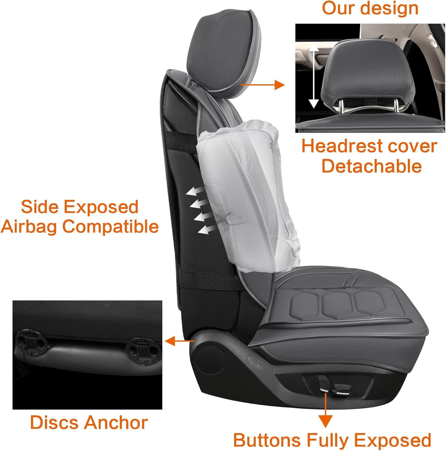 Pariitadin Leather Car Seat Covers Full Set, Waterproof Breathable Faux Leather Automotive Seat Covers for Cars, Non-Slip Car Interior Covers Universal Fit Most Cars Sedans Trucks SUVs, Gray