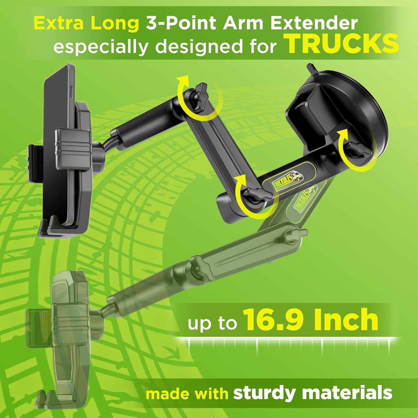 Phone Mount for Truck Phone Holder for Truck - Heavy Duty Suction Cup + Dashboard Pad, Mobile Device Holder for Dashboard Window 16.9 inch Long Arm, iPhone Samsung Compatible, Semi Trucker, Black